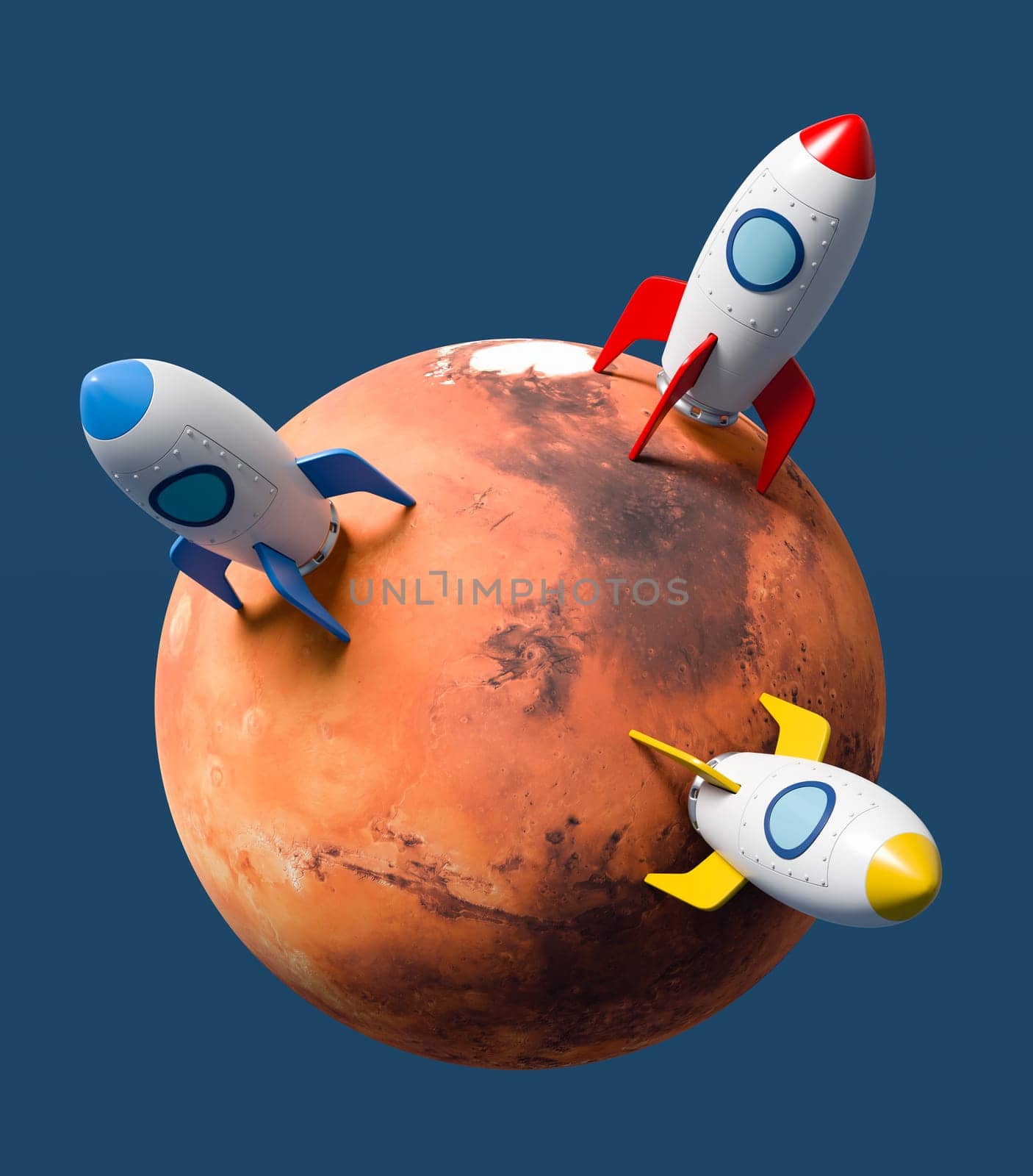 Cartoon Spaceships Landed on Mars Isolated on Flat Blue Background 3D Illustration, Space Colonization Concept. Texture from solarsystemscope.com