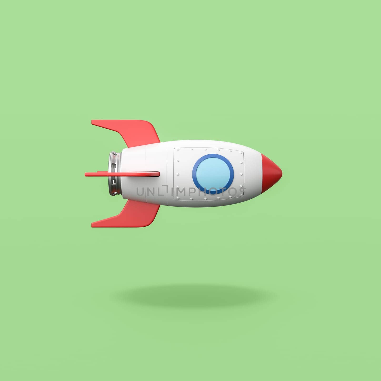 Red and White Cartoon Spaceship Isolated on Flat Green Background with Shadow 3D Illustration