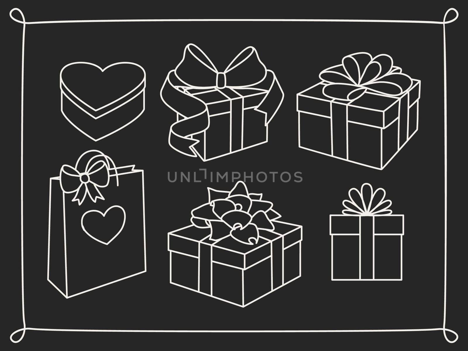 Doodle set of gift boxes with bows, heart shaped box and a gift bag. Hand drawn presents collection. Graphic design elements for advertisement, flyer, poster, web shop sale. Vector illustration
