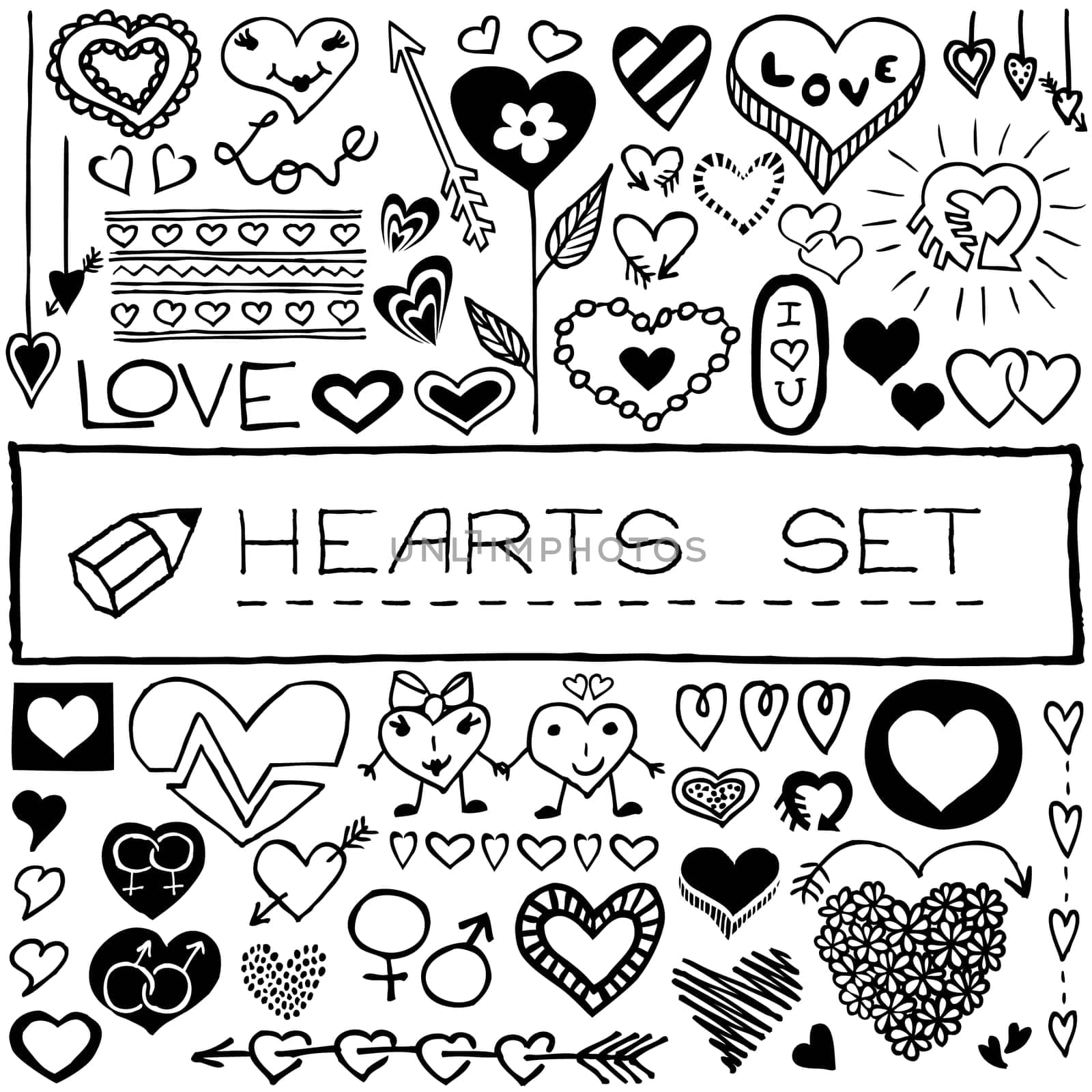 Hand drawn heart icons, arrows, flowers. Graphic design grunge sketch style elements for Valentine's day, birthday card, baby shower, wedding invitation, app, infographics, poster. Vector illustration