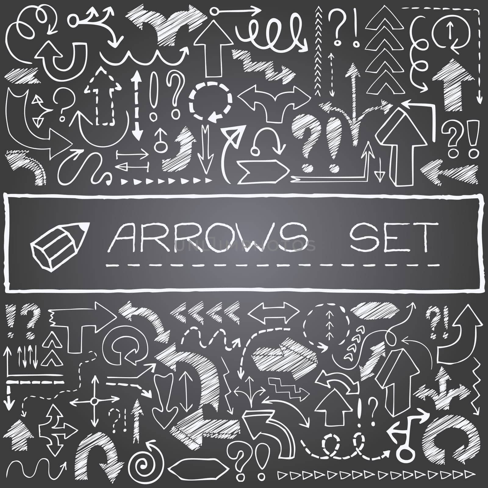 Hand drawn arrow icons, exclamation, question mark. Ink pen sketch doodle symbol. Graphic design sketch style elements for web site button, mobile app, infographics, poster, flyer. Vector illustration