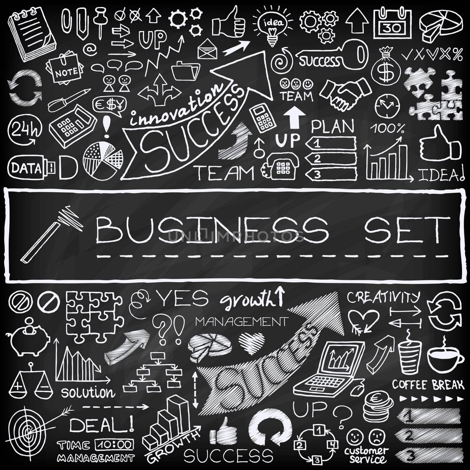 Hand drawn business icons set with arrows, diagrams, puzzle pieces, thumbs up and more. Chalkboard effect. Vector Illustration.