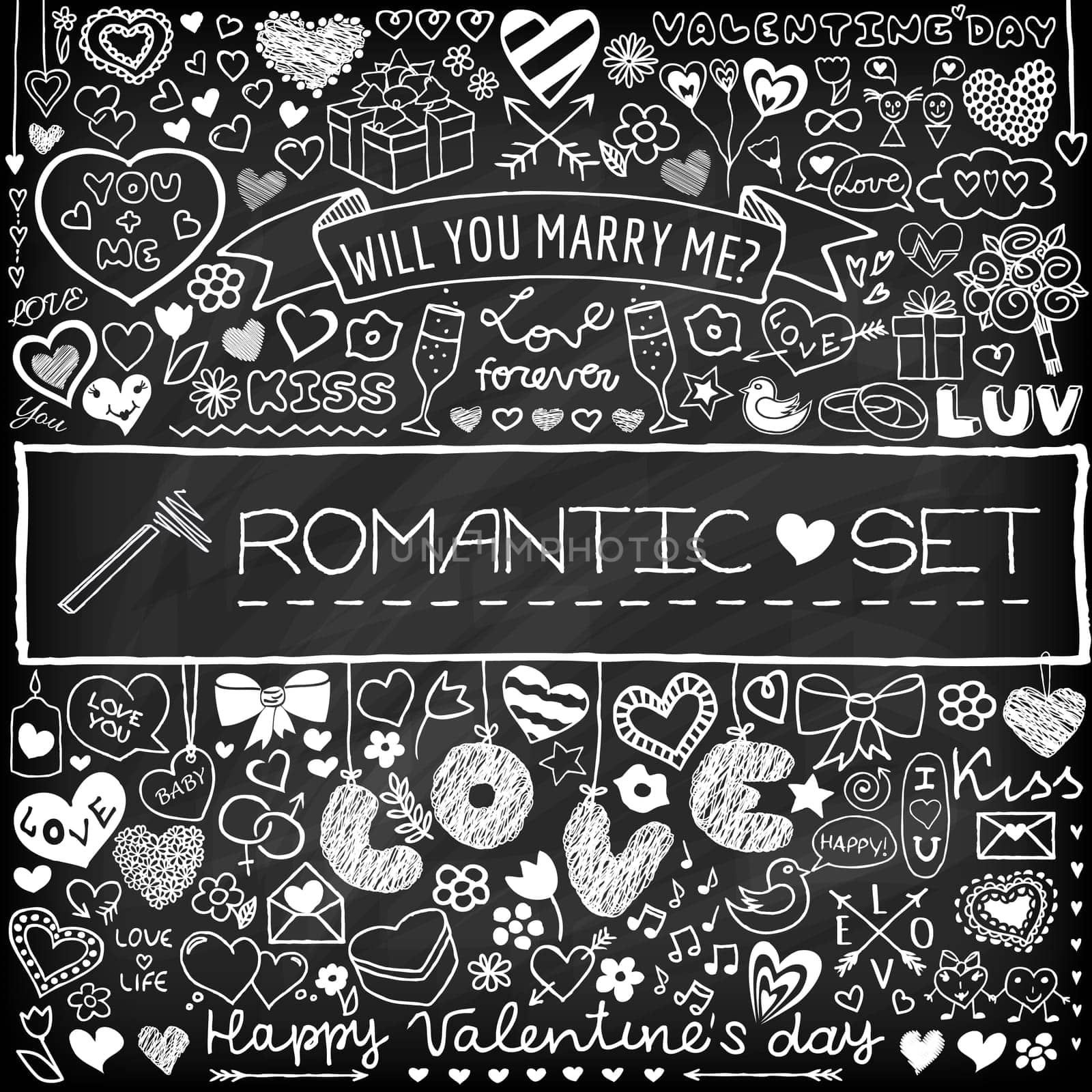 Chalk board doodle set of hearts, arrows, bows, presents, flowers etc. Design elements for Valentines Day, wedding invitation, baby shower, birthday card etc. Vector illustration.