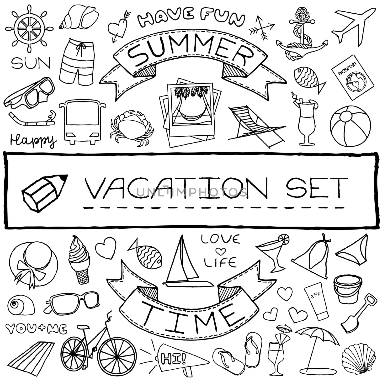 Hand drawn vacation icons set. Vector illustration.