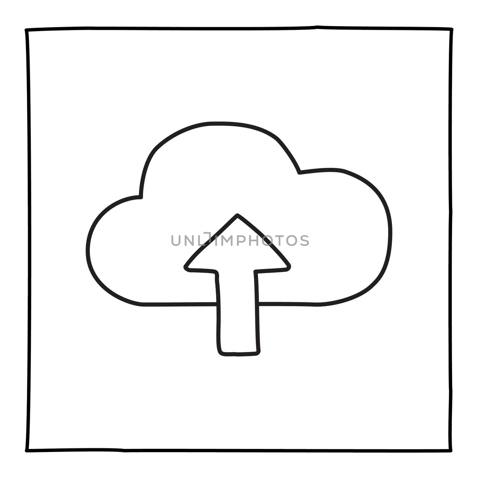 Doodle Cloud Upload icon or logo, hand drawn with thin black line. Graphic design element isolated on white background. Vector illustration