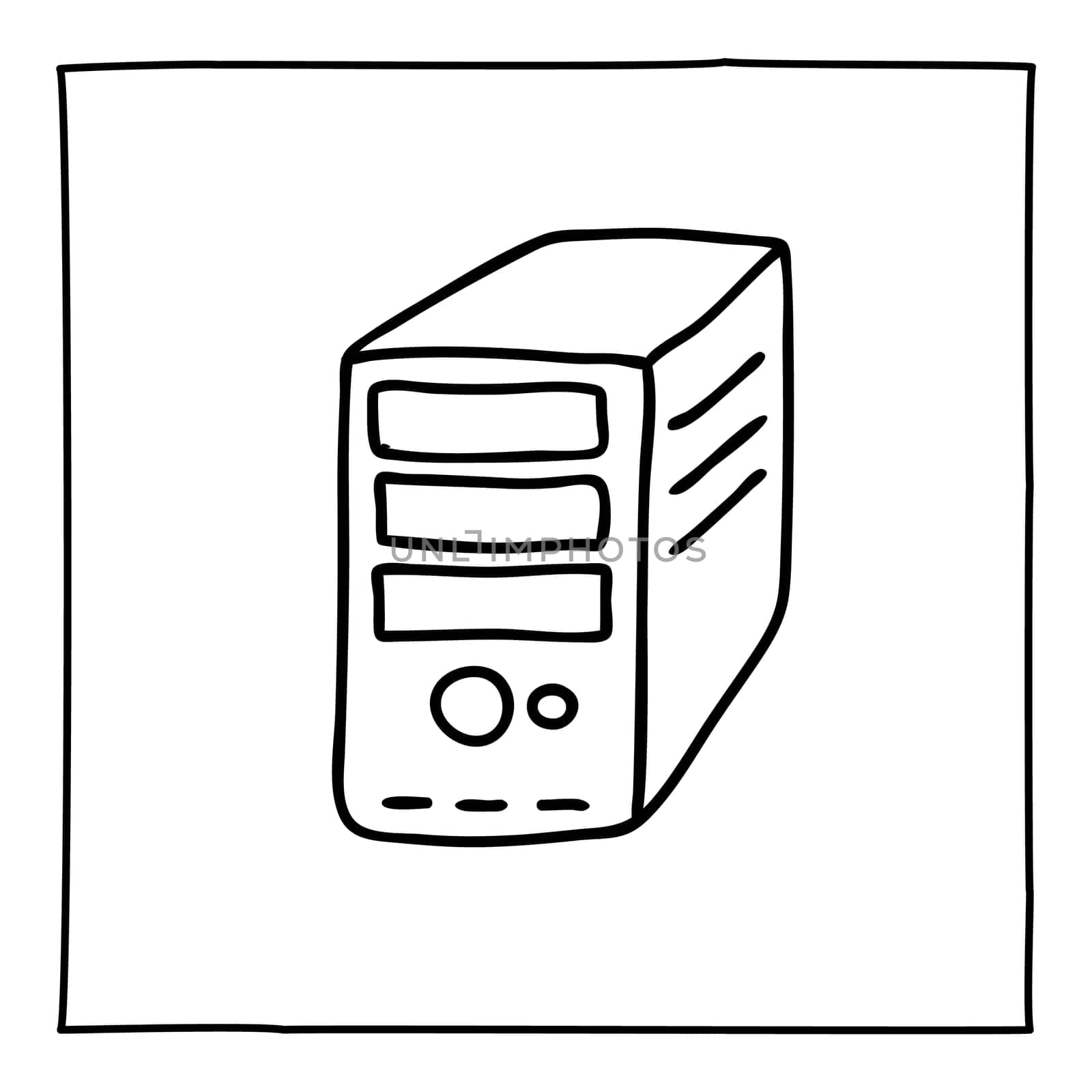 Doodle desktop computer icon or logo, hand drawn with thin black line. Isolated on white background. Vector illustration