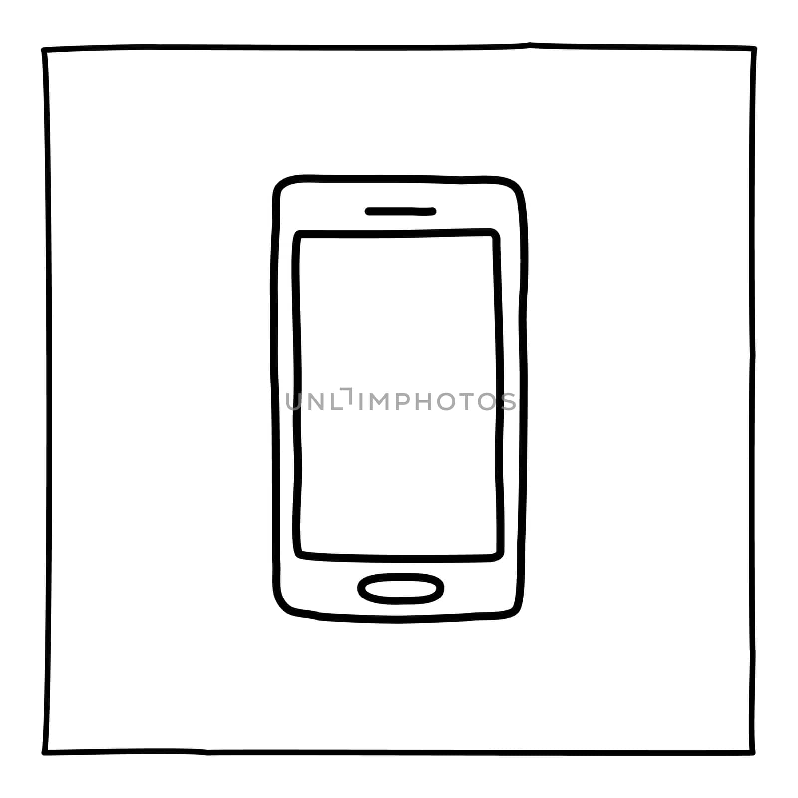 Doodle mobile smart phone icon or logo, hand drawn with thin black line. Isolated on white background. Vector illustration
