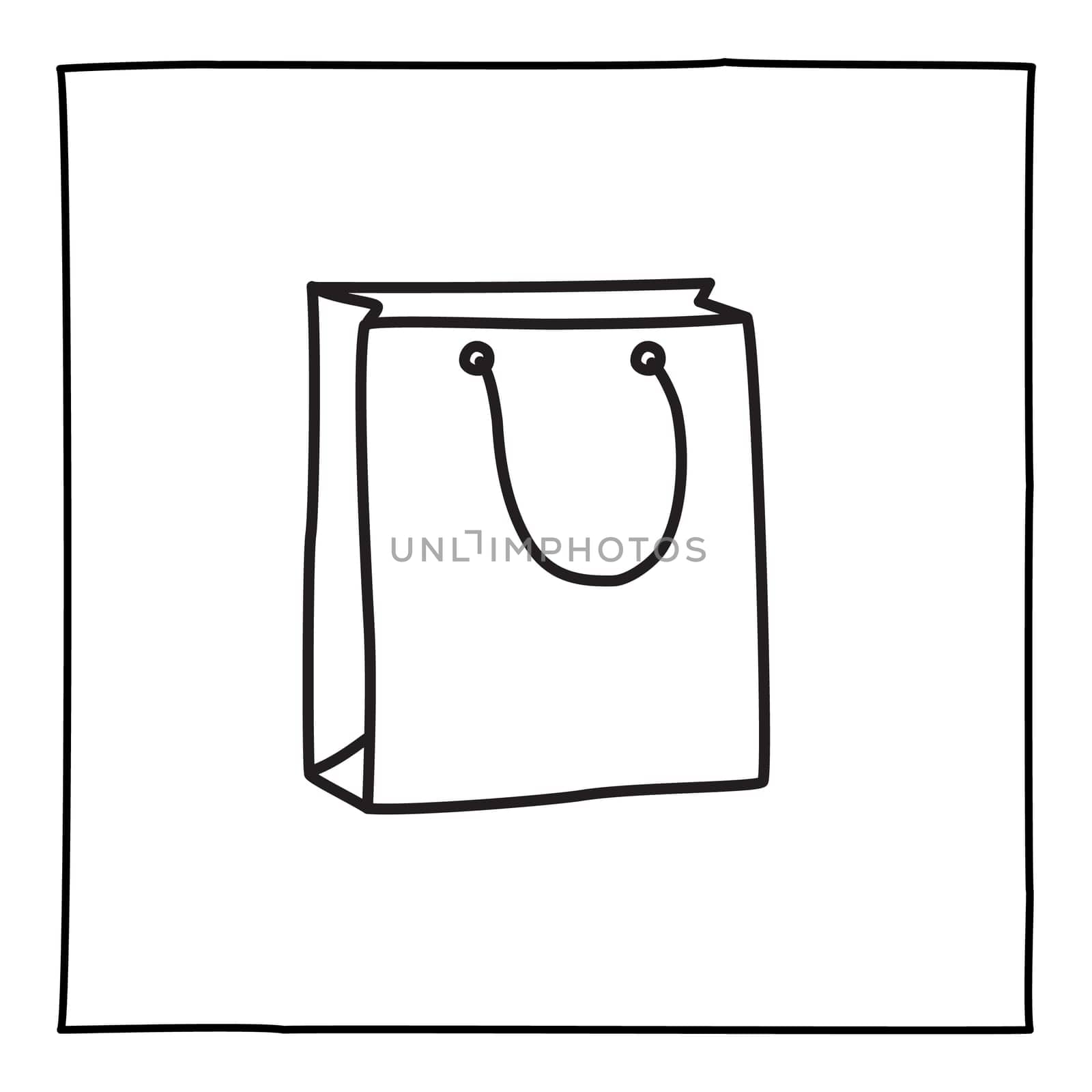 Doodle shopping bag icon or logo, hand drawn with thin black line. Isolated on white background. Vector illustration