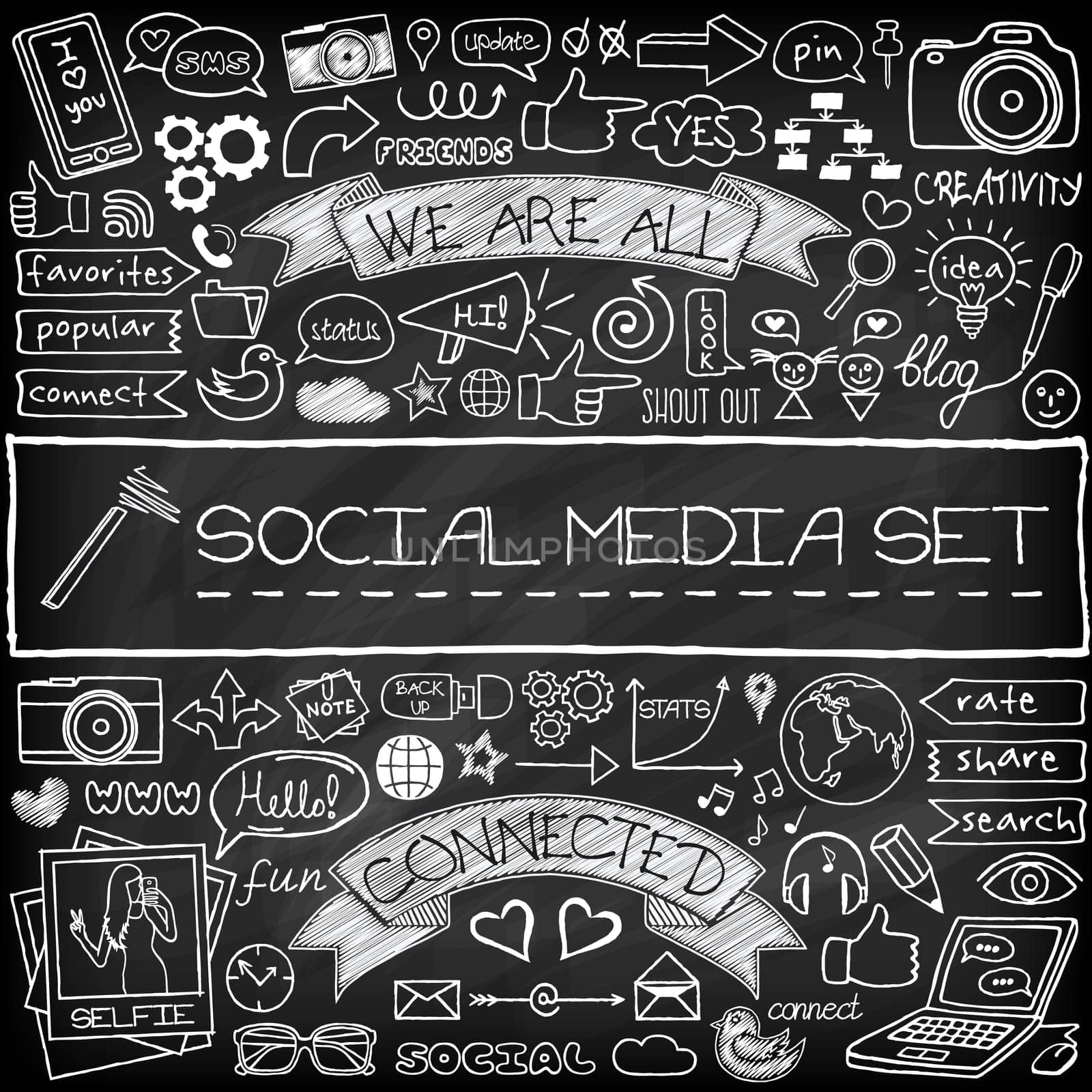 Doodle social media icons set with chalkboard effect. Networking concept with speech bubbles, mobile phone, tags with captions and other design elements