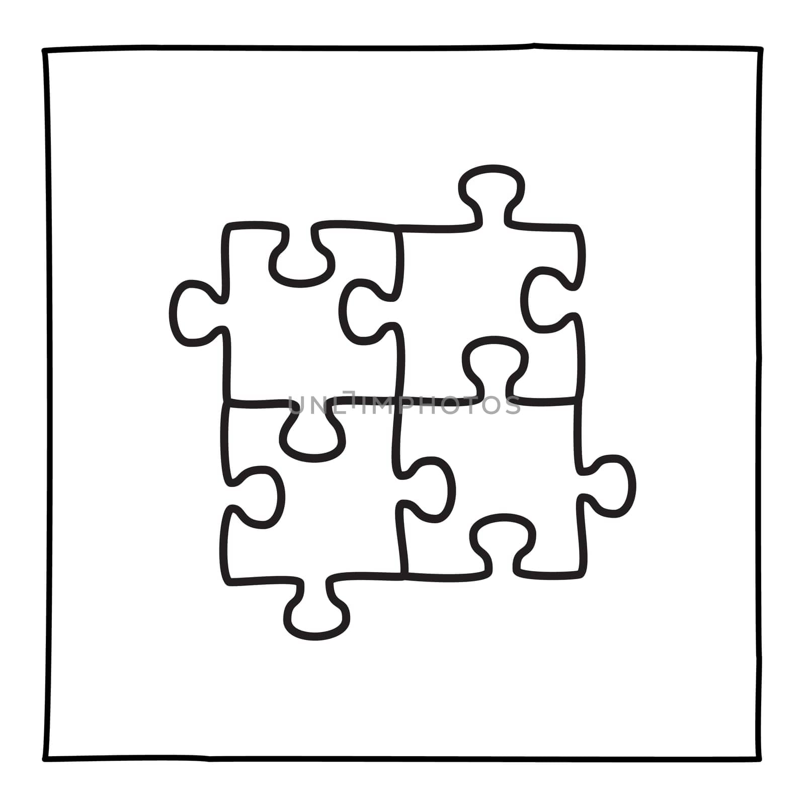 Doodle puzzle icon or logo, hand drawn with thin black line. Isolated on white background. Vector illustration