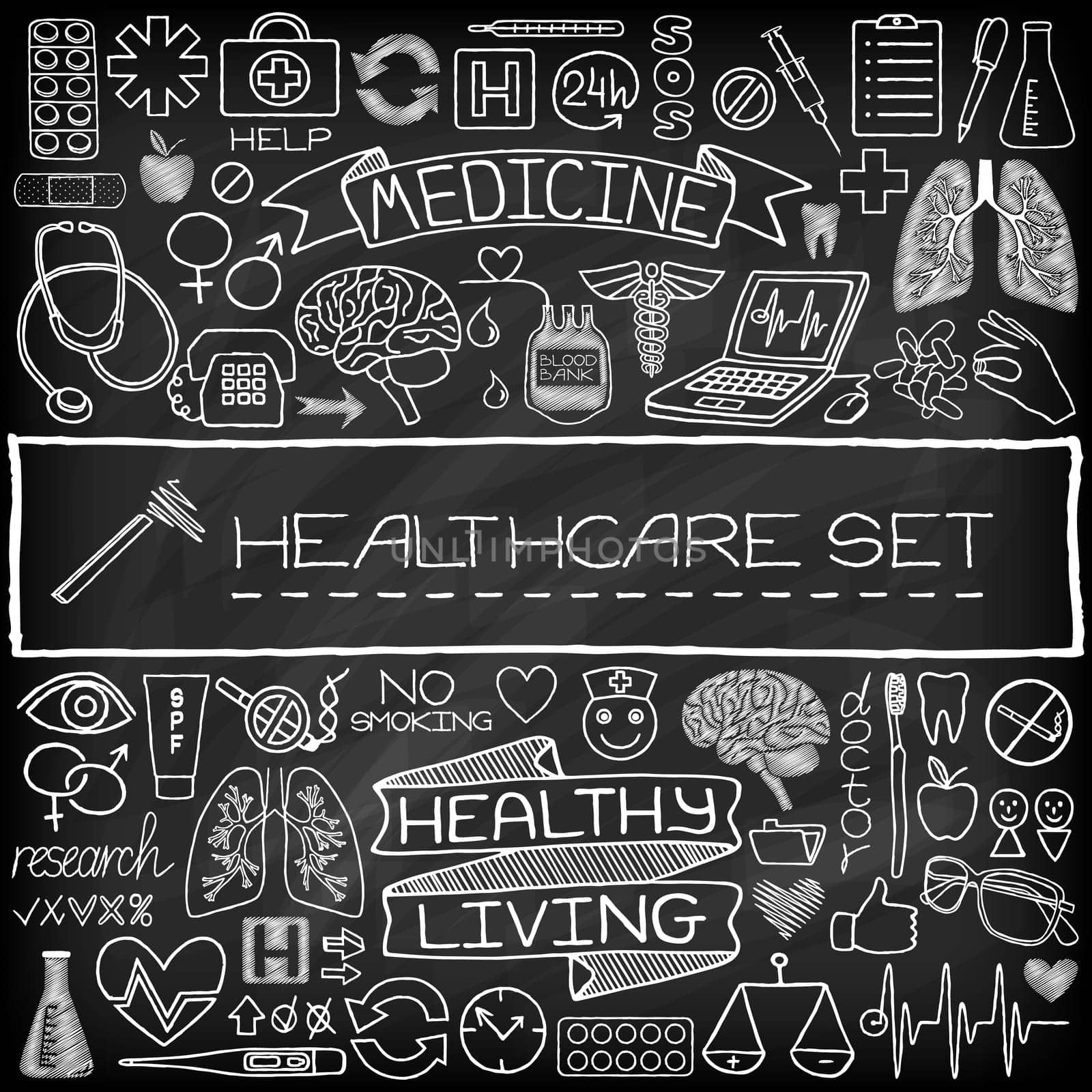 Hand drawn medical set of icons with medical and science tools, human organs, diagrams etc. Black chalkboard effect. Vector illustration.