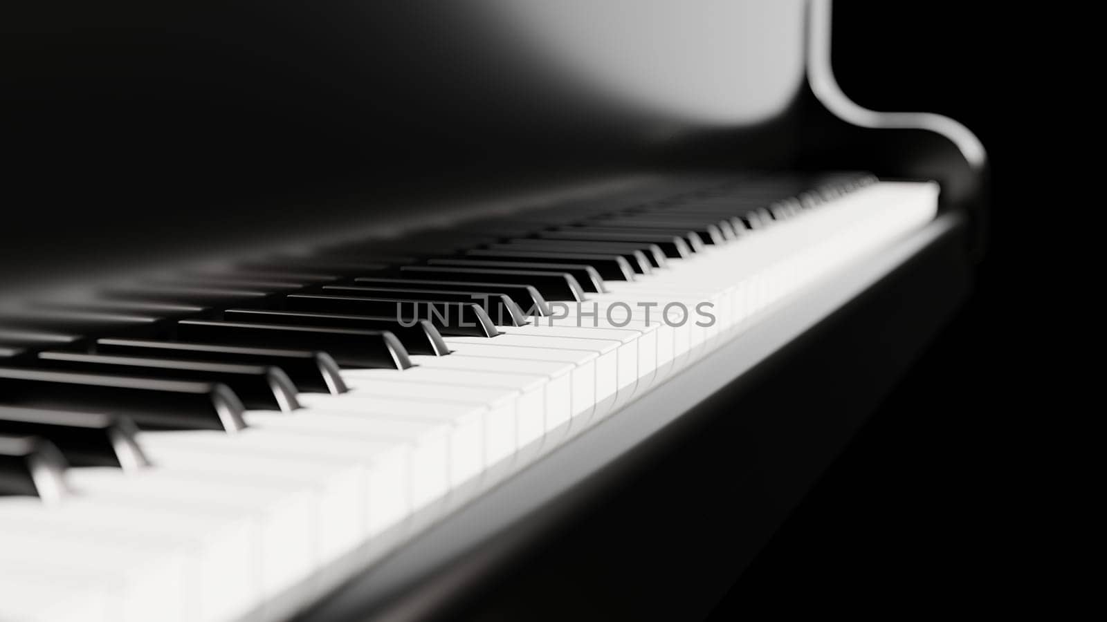 Piano keyboard close up view of black and white keys. Musical background. 3D illustration