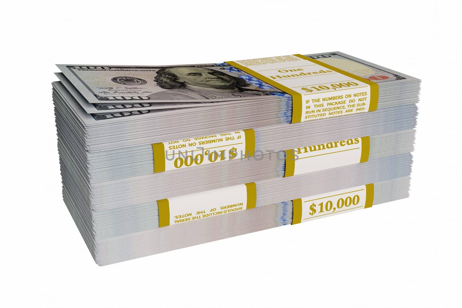 Pile of american dollars, isolated on white background, 3D illustration
