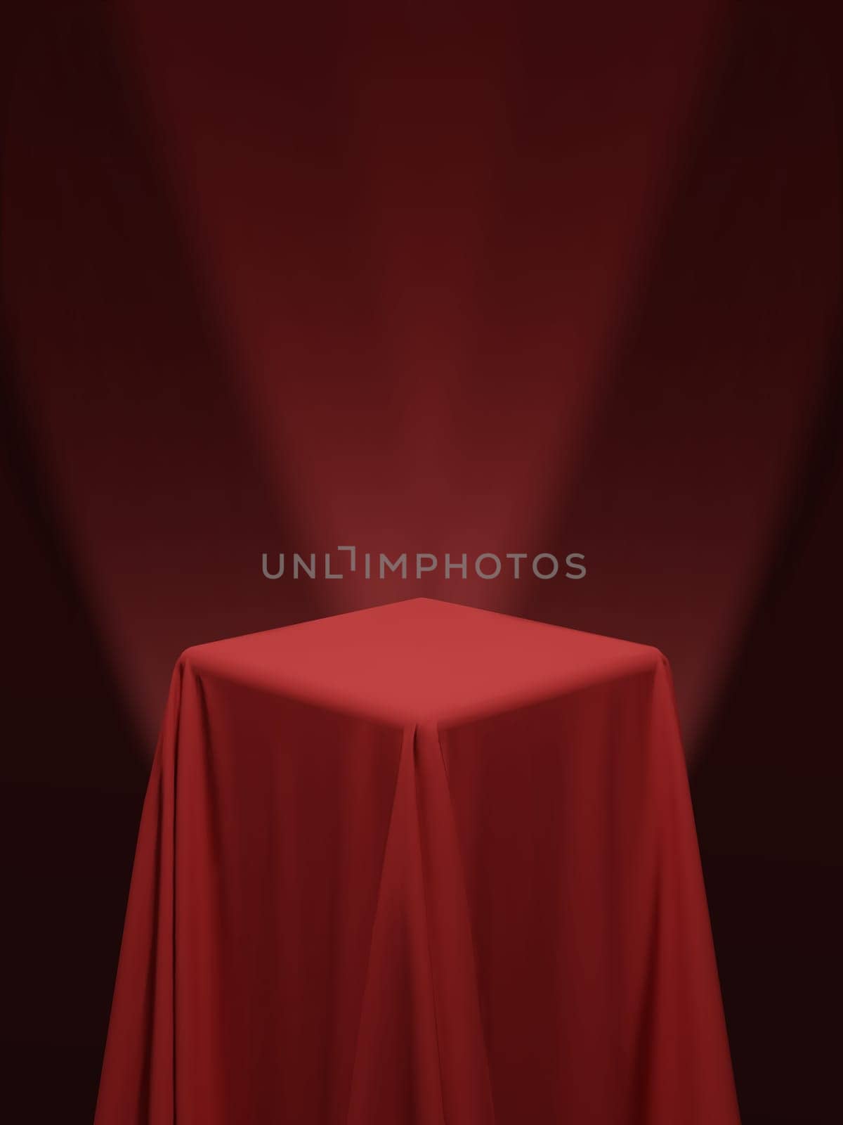 Red fabric covering a cube or a table, with red background and stage spotlights. Can be used as a stand for product display, draped table. Vector illustraion