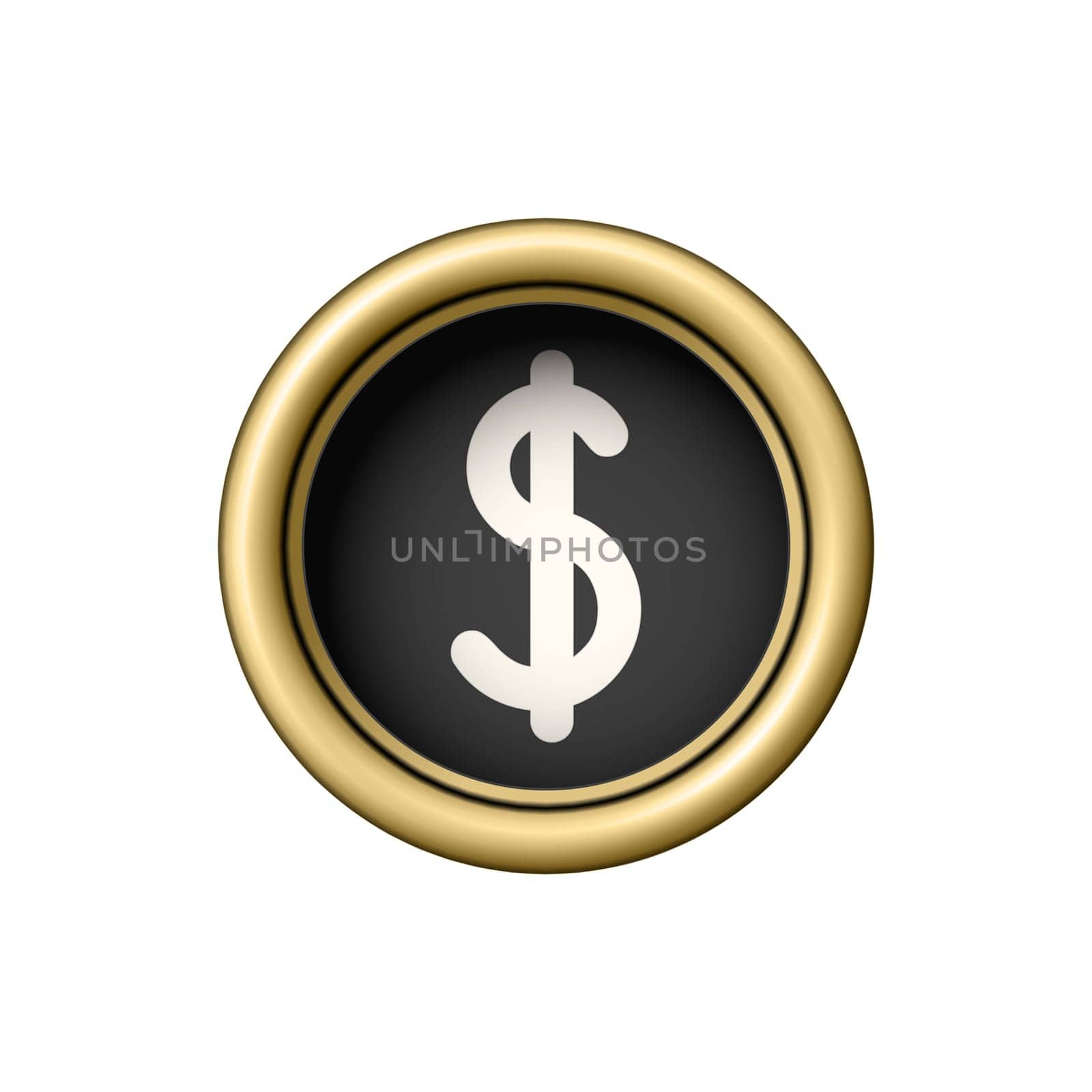 Symbol of dollar. Currency sign. Vintage golden typewriter button isolated on white background. Graphic design element for scrapbooking, sticker, web site, symbol, icon. Vector illustration.