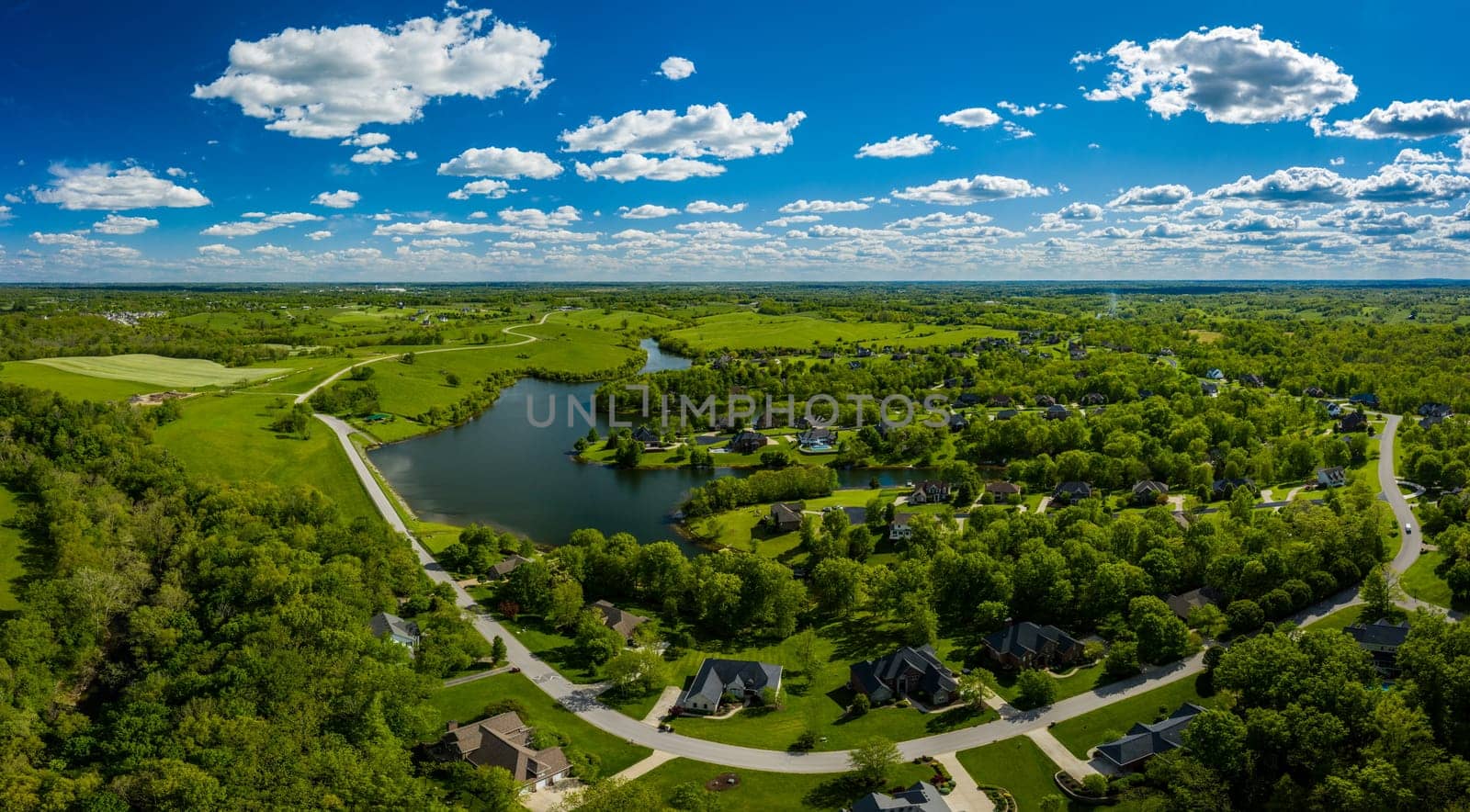 Aerial view of  a residential neighborhood by a lake near Georgetown, Kentucky