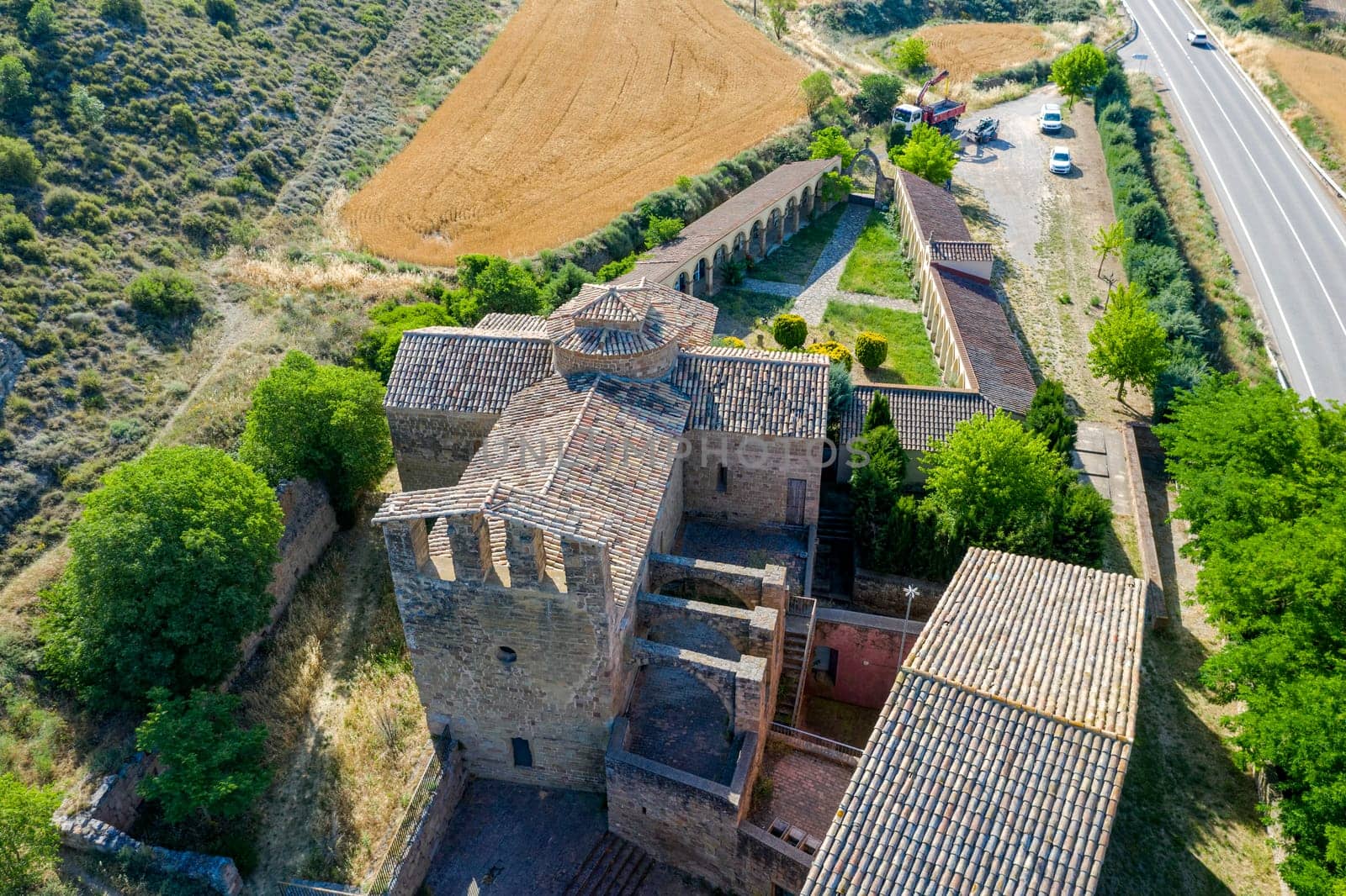 Church of Santa Maria of the Priorat in Castellfollit de Riubregos, Anoia Spain. Declared cultural heritage of national interest. Front aerial view