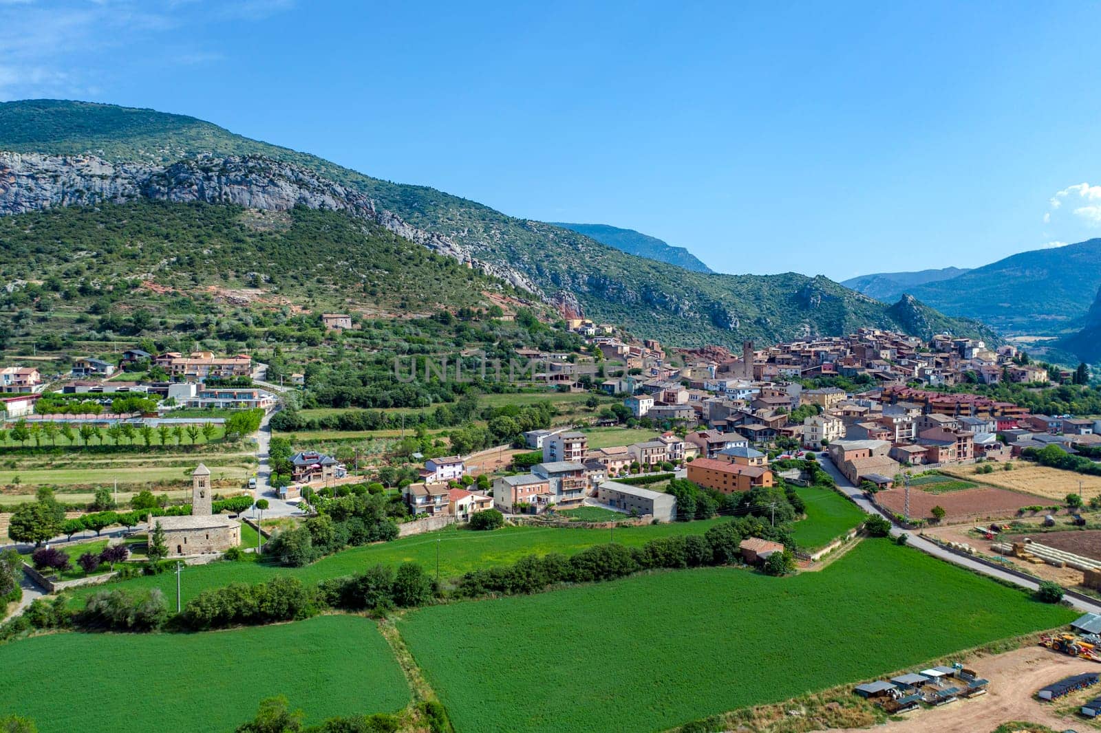 Panoramic aerial view of Coll de Nargo, a Spanish municipality in the Alto Urgel region, in the province of Lleida.