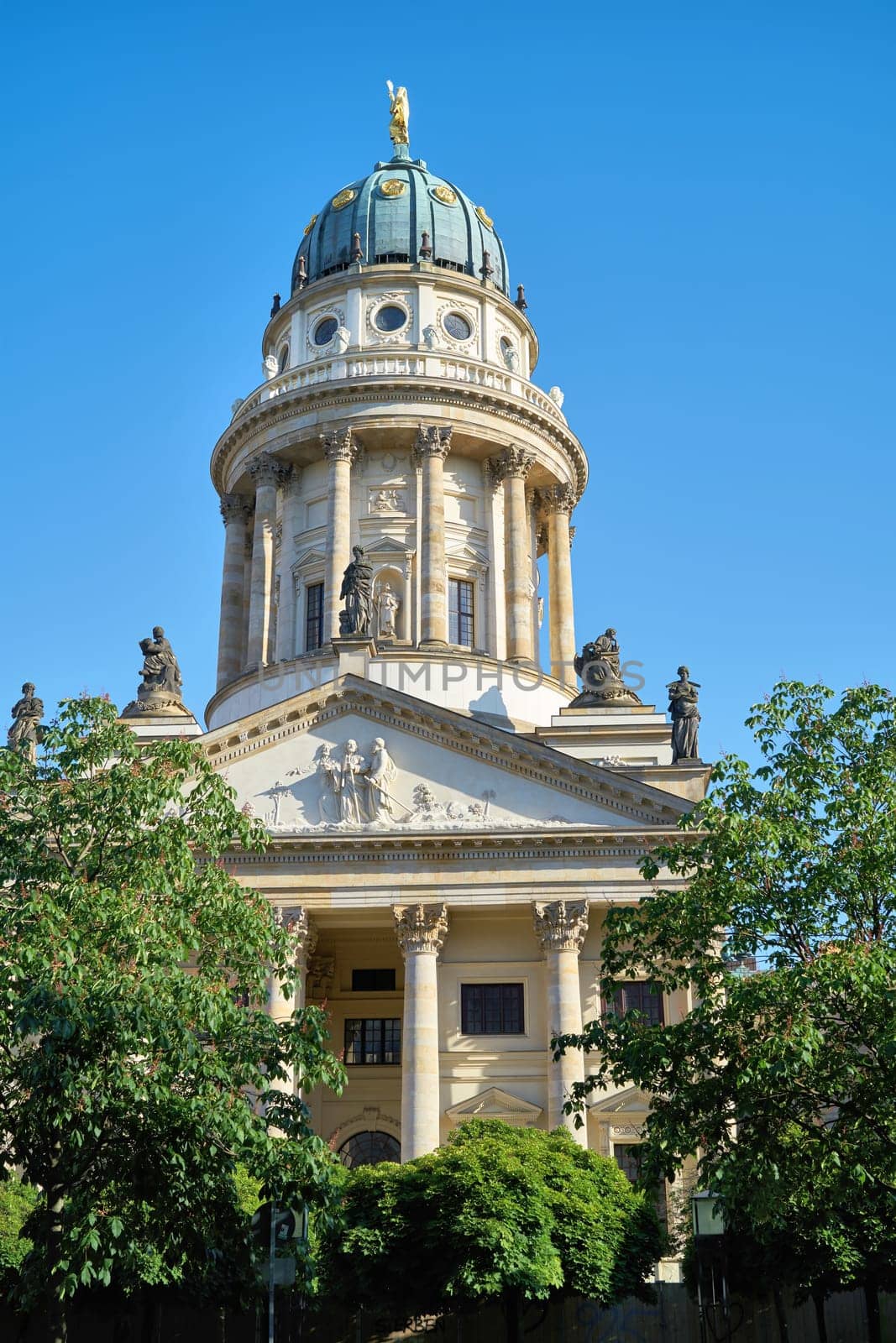 View of the French cathedral at the Gendarmenmarkt in the center of Berlin