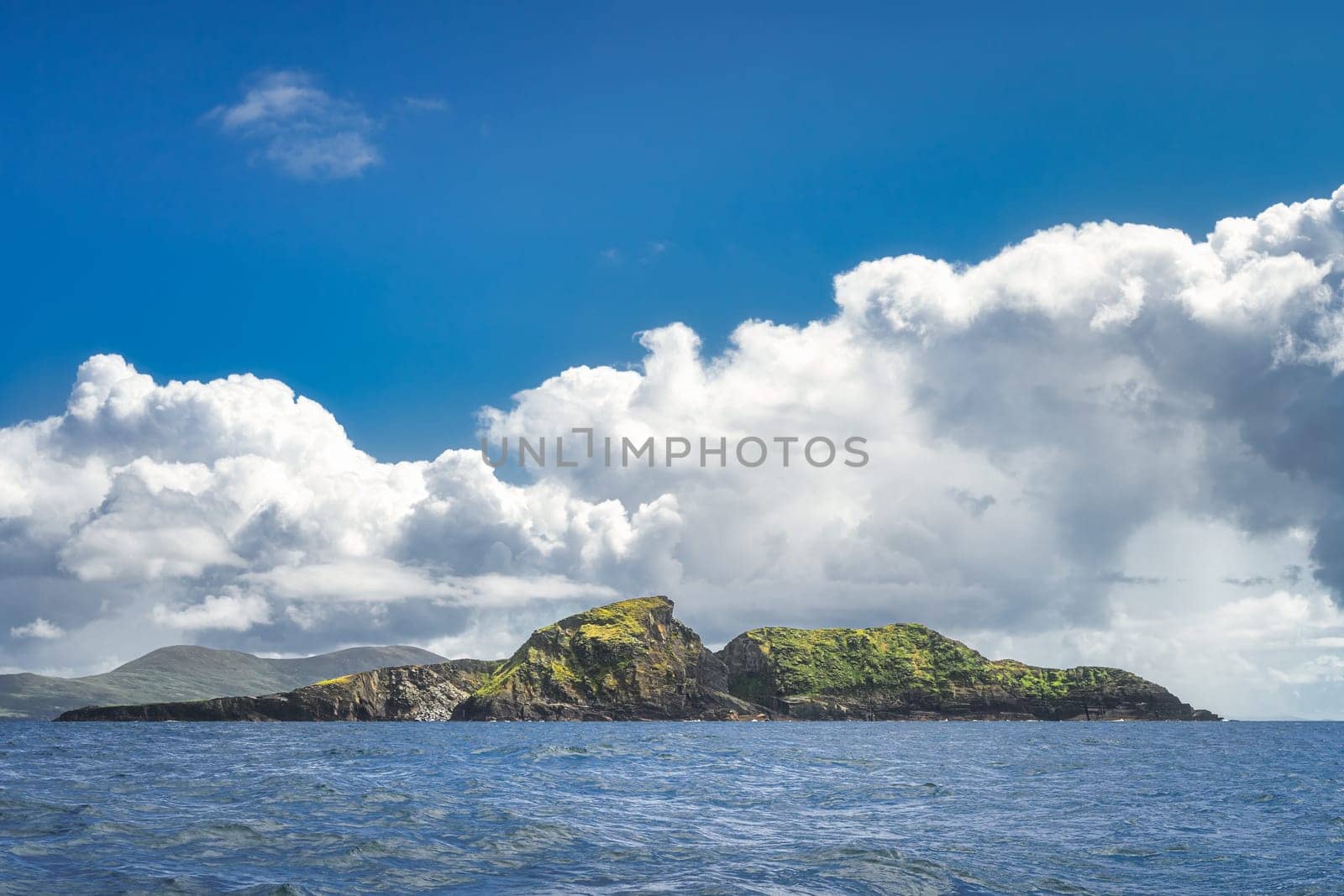 Beautiful, rough Irish coastline, Kerry Cliffs, seen from boat on Atlantic Ocean, Portmagee, Iveragh Peninsula, Ring of Kerry, Ireland