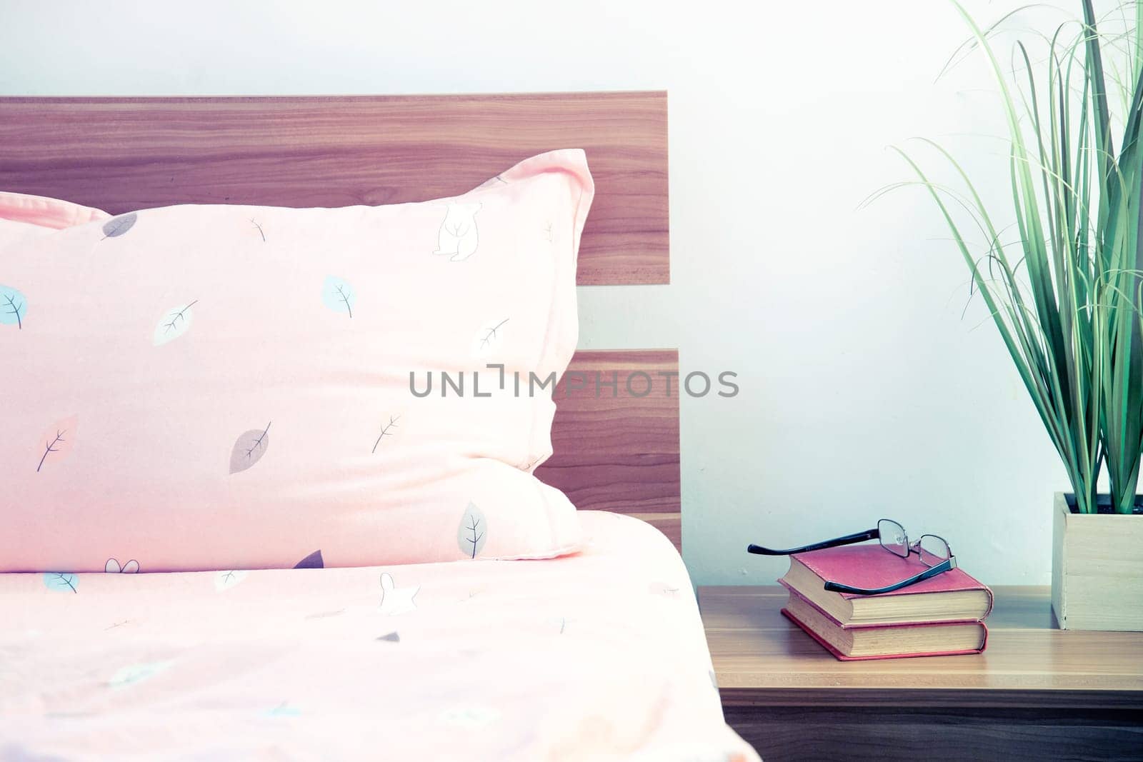 Bright, cute and cozy home bedroom interior design - close up photo