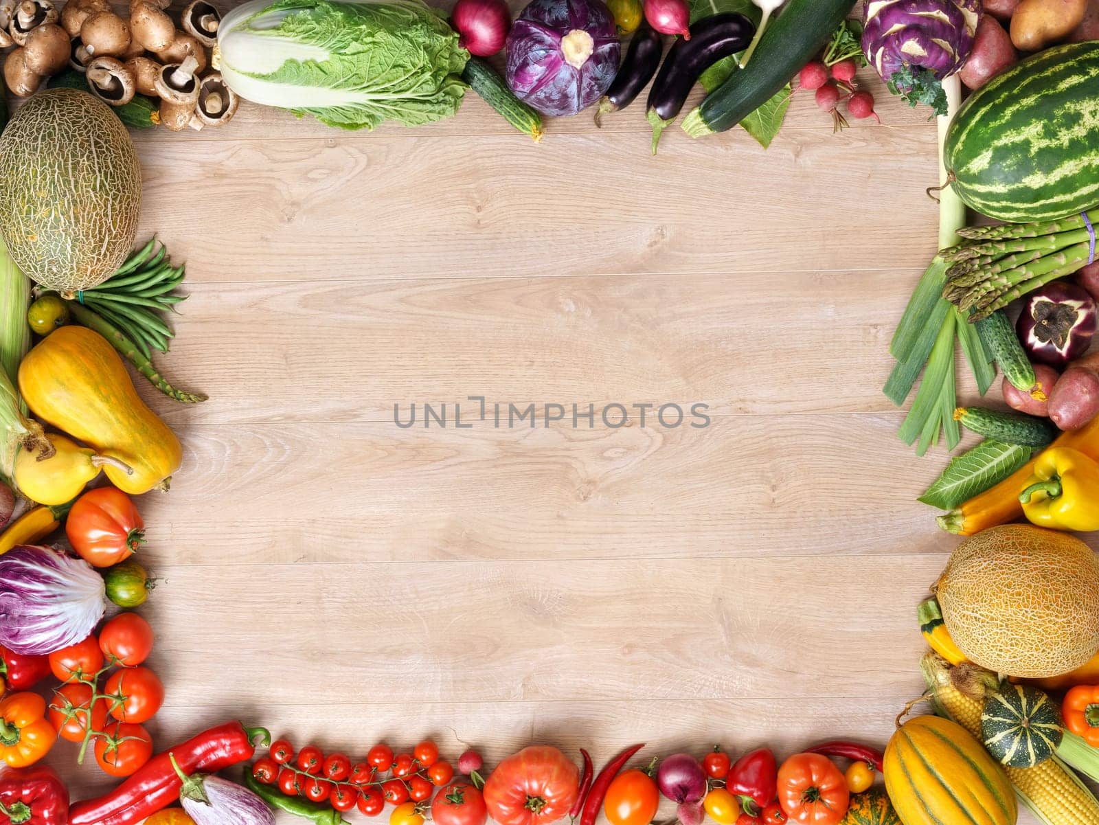 Healthy eating background / studio photography of different fruits and vegetables on wooden table