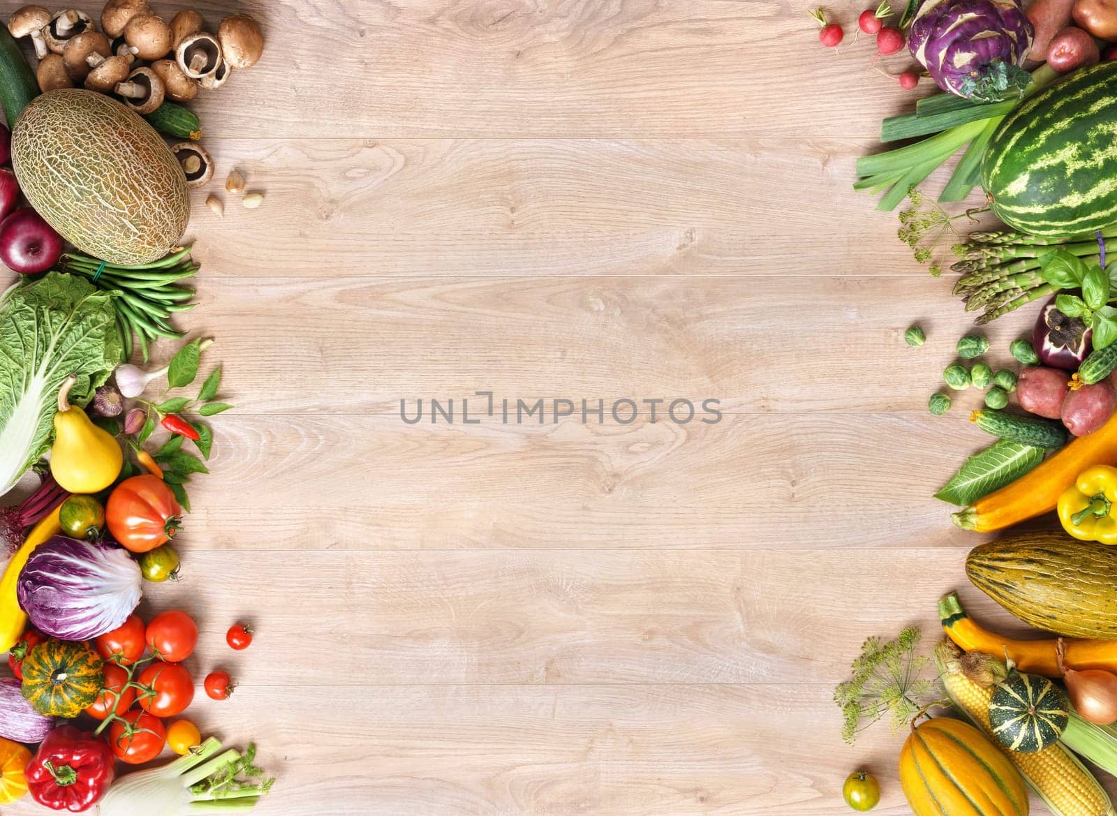Healthy food background / studio photo of different fruits and vegetables on old wooden table