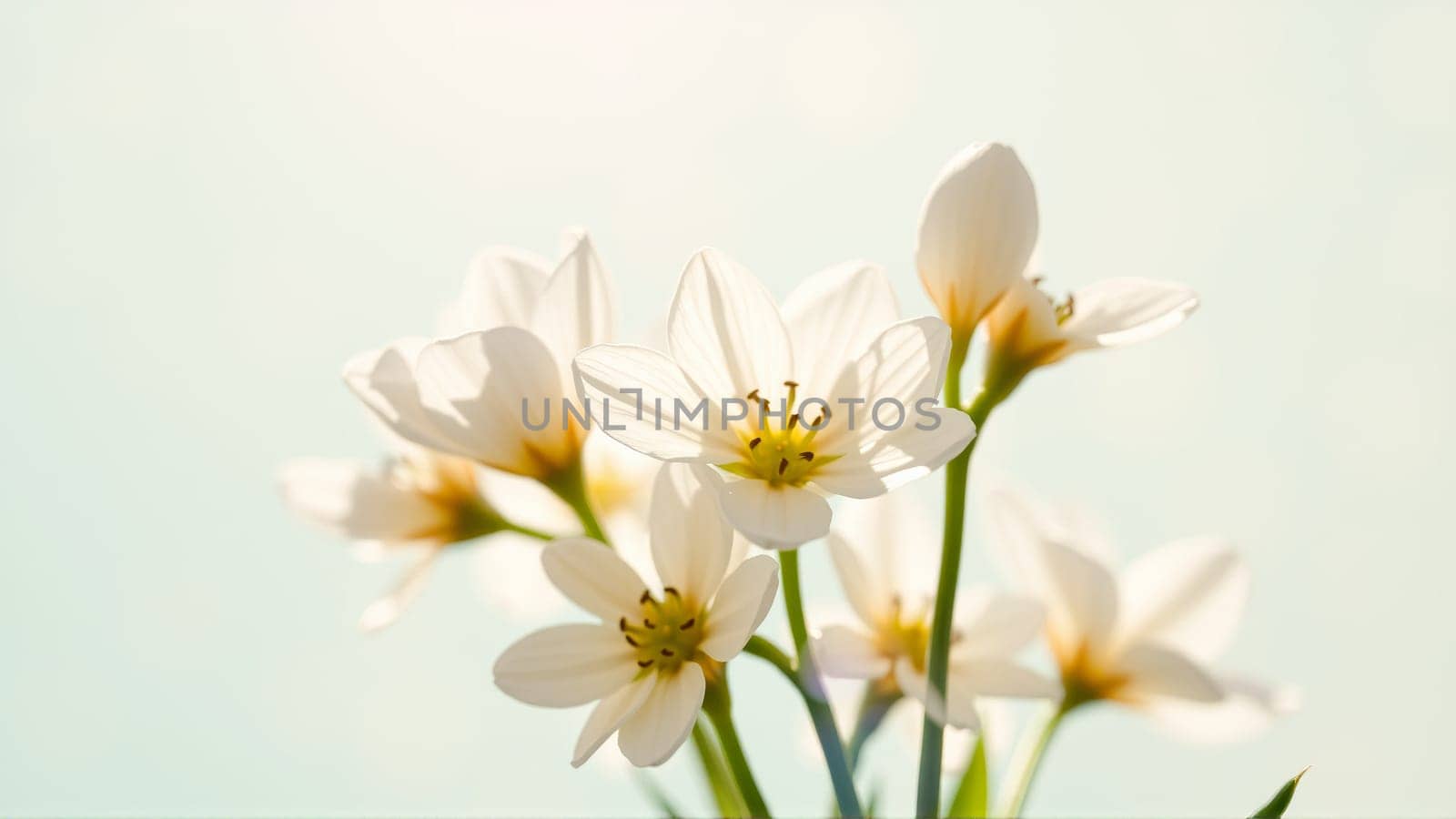 Delicate spring flowers in backlit sunlight, blurred background. High quality photo