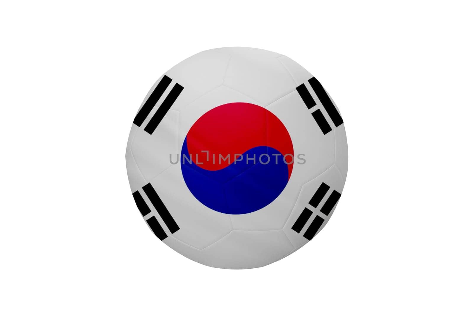 Football in the colors of the South Korea flag isolated on white background. In a conceptual championship image supporting South Korea.