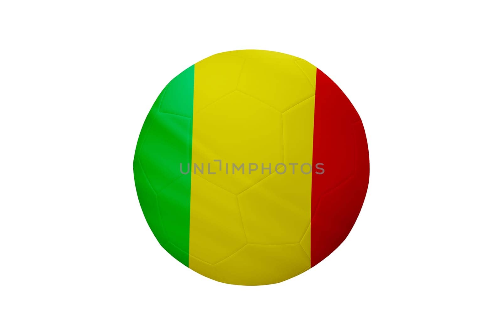 Football in the colors of the Mali flag isolated on white background. In a conceptual championship image supporting Mali.