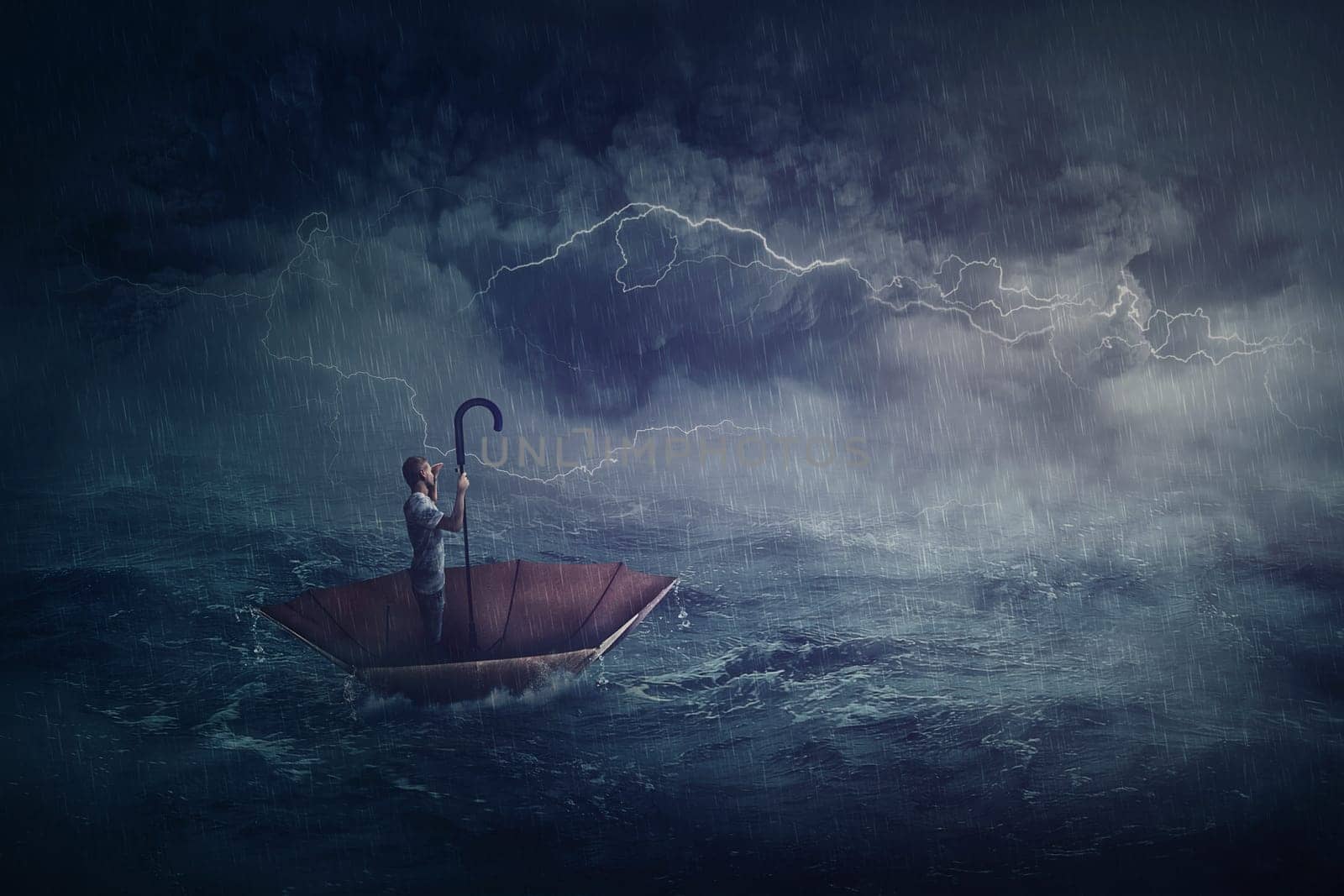 Person sailing alone the ocean on an umbrella boat, looking for shore. Surreal scene with a storm over the sea. Fantastic adventure concept. Business despair metaphor, conquering and facing adversity
