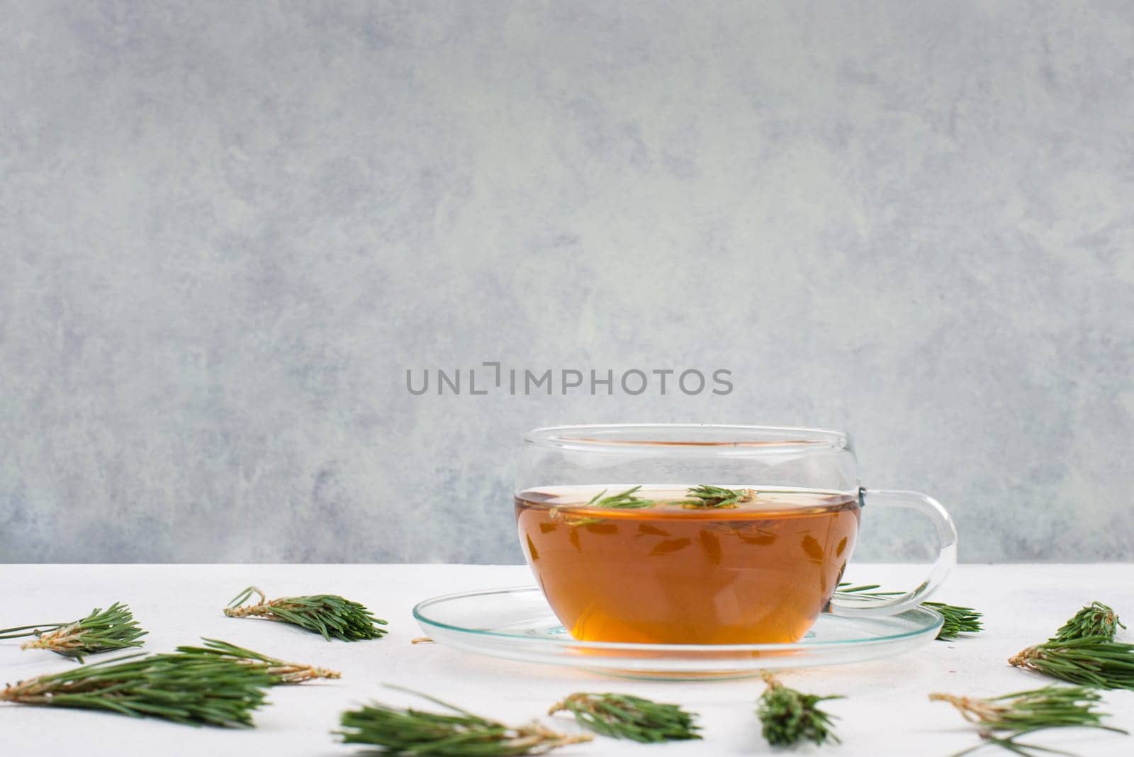 Pine needle tea in a cup on a white textured background, empty copy space for text, hot drink