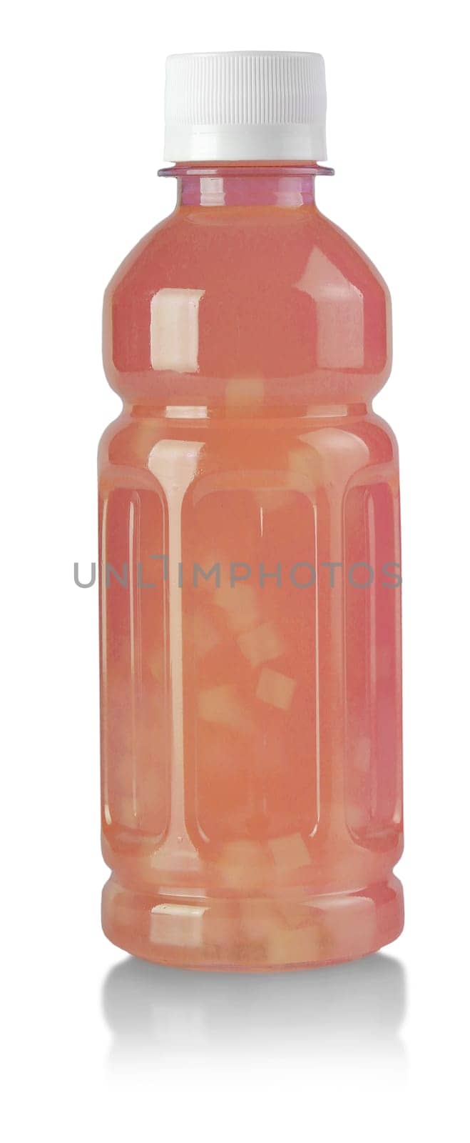 The bottle of Fresh red juice with seeds on the white background