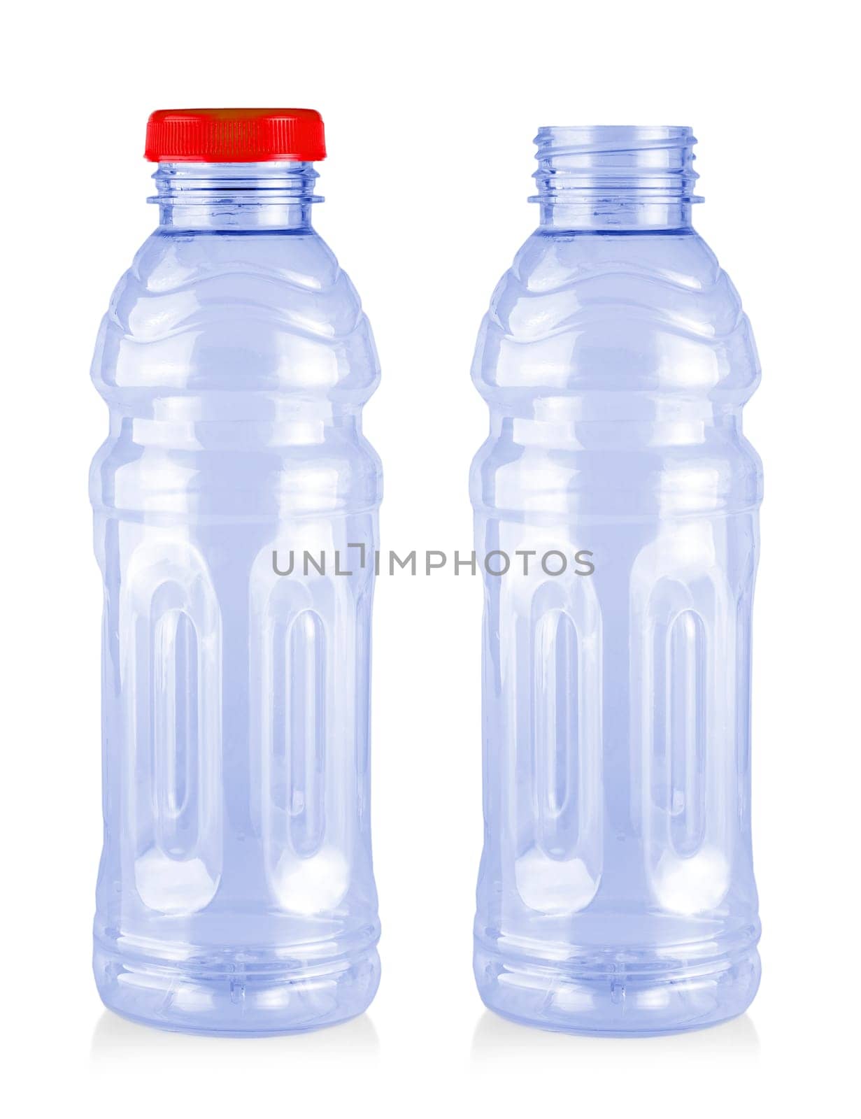 The close up empty plastic bottles isolated on white background