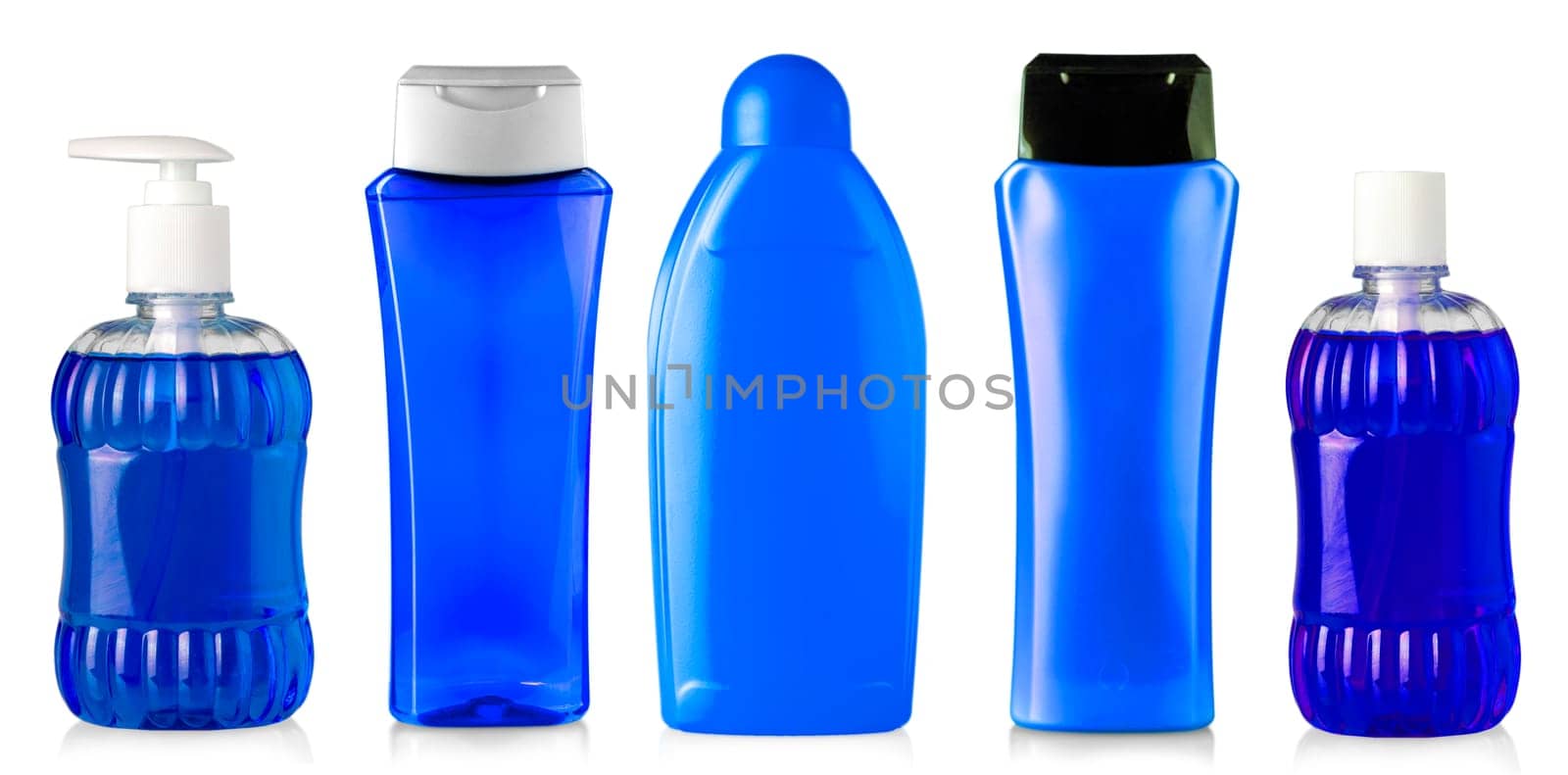 The blue shower gel bottles isolated on white background