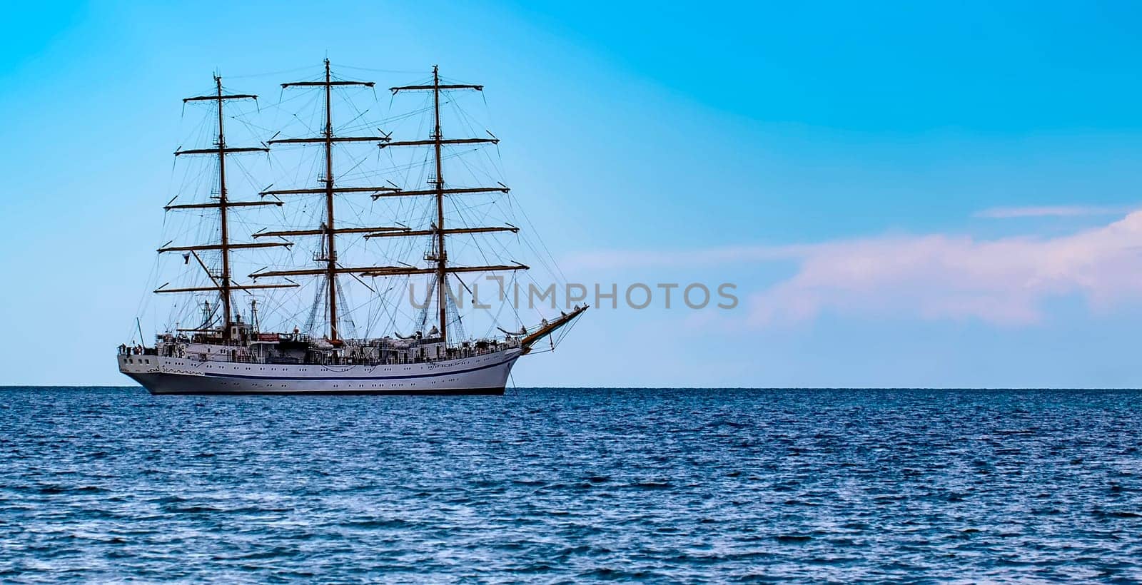 The Sailing ship in the sea without sails. Selective focus
