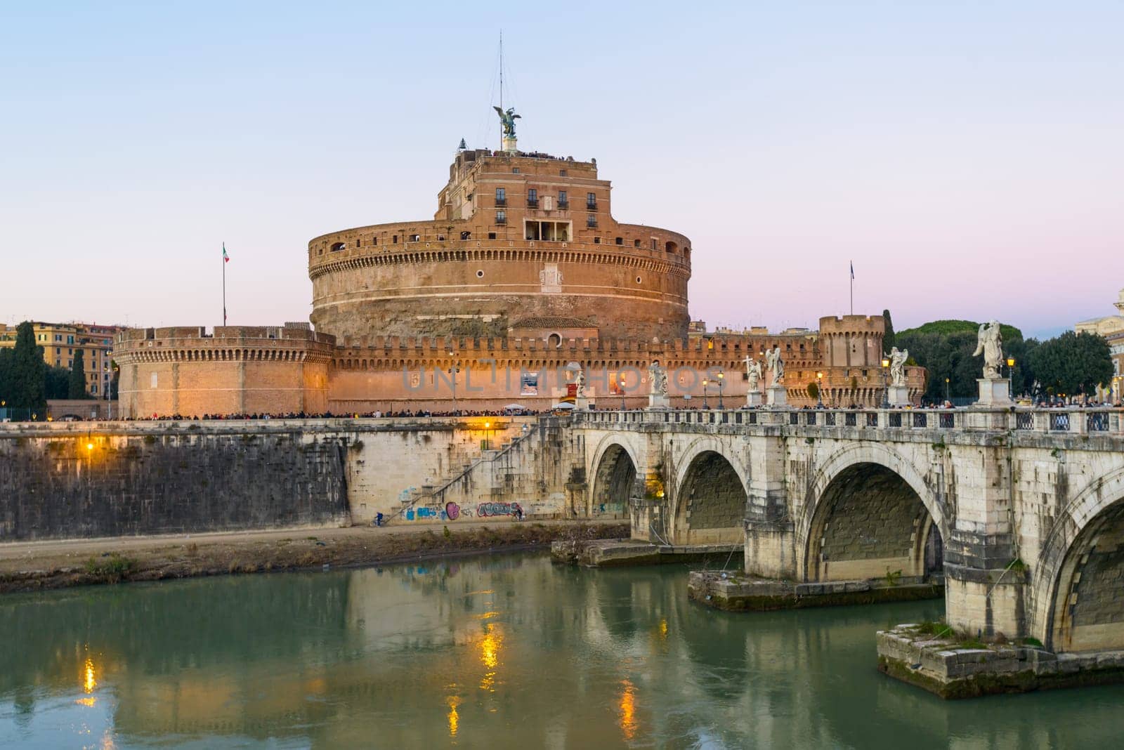 Landscape of castel sant'angelo in rome along the tiber river, italy