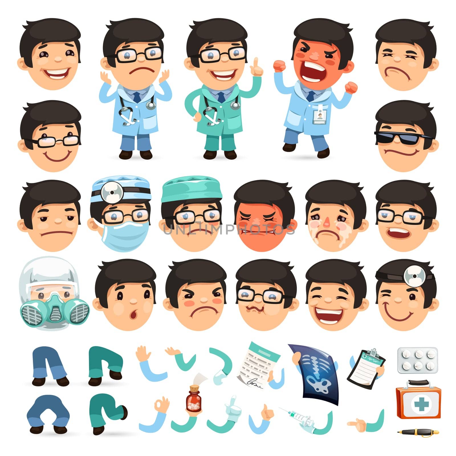 Set of Cartoon Doctor Character for Your Design or Animation. Isolated on White Background. Clipping paths included in additional jpg format