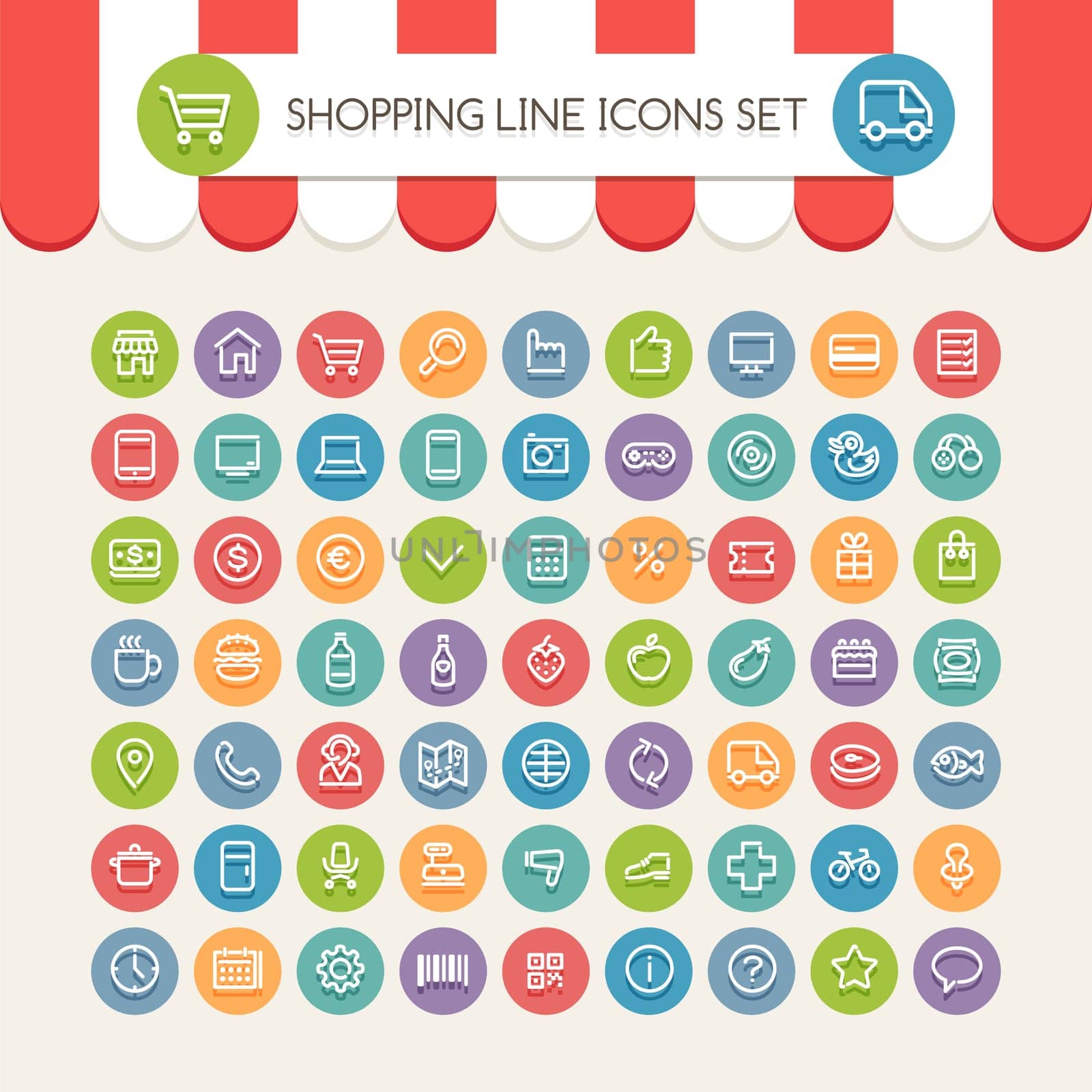 Shopping Line Round Icons Set. Clipping paths included in additional jpg format.