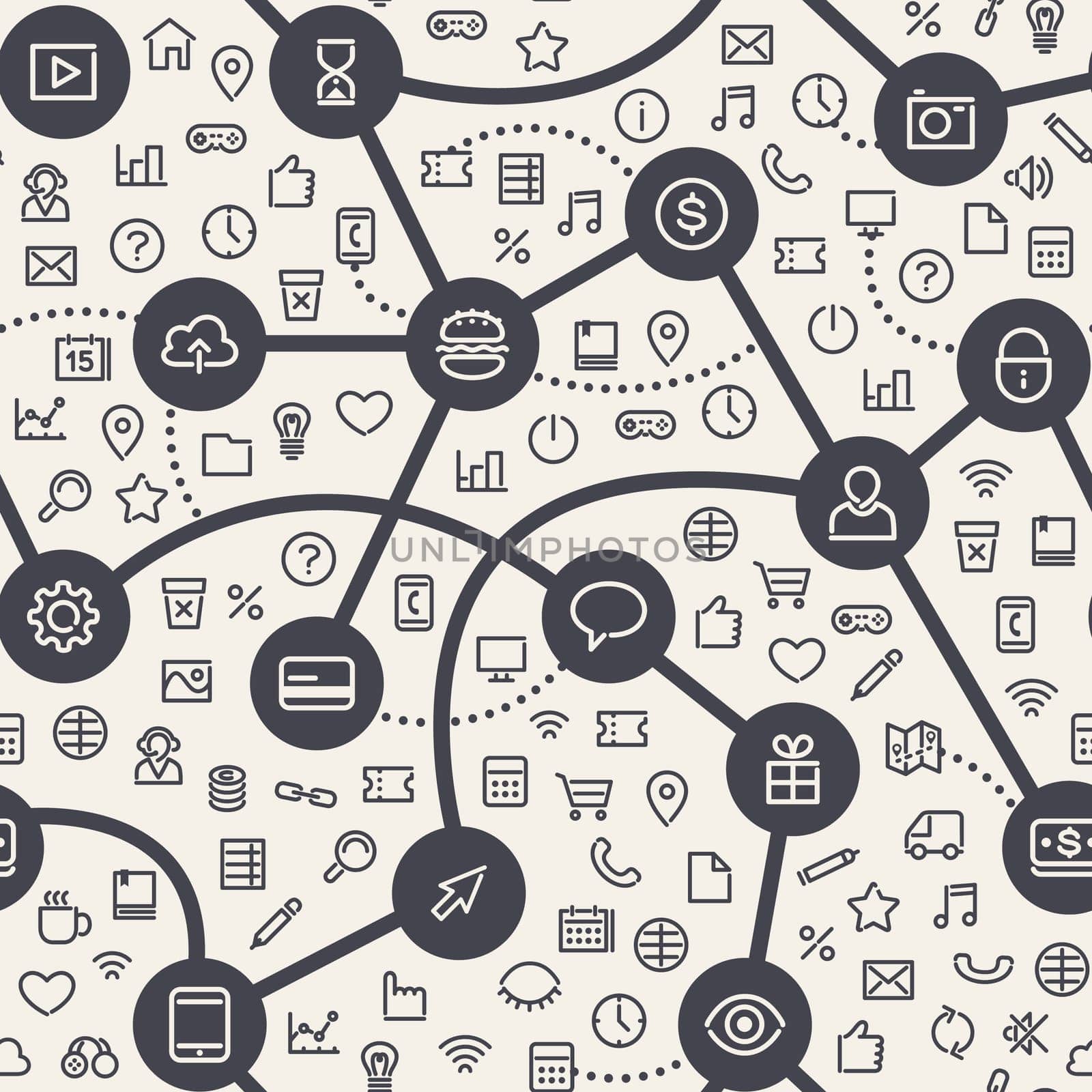 Contrasty Light Seamless Pattern with Web Icons. Editable pattern in swatches. Clipping paths included in additional jpg format.