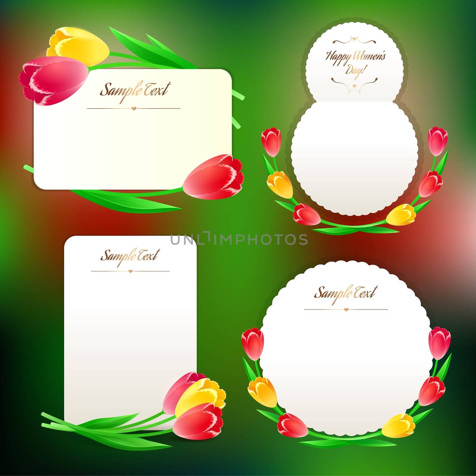 Set of Spring Greeting Cards with Tulips. In the EPS file, each element is grouped separately. Clipping paths included in additional jpg format.