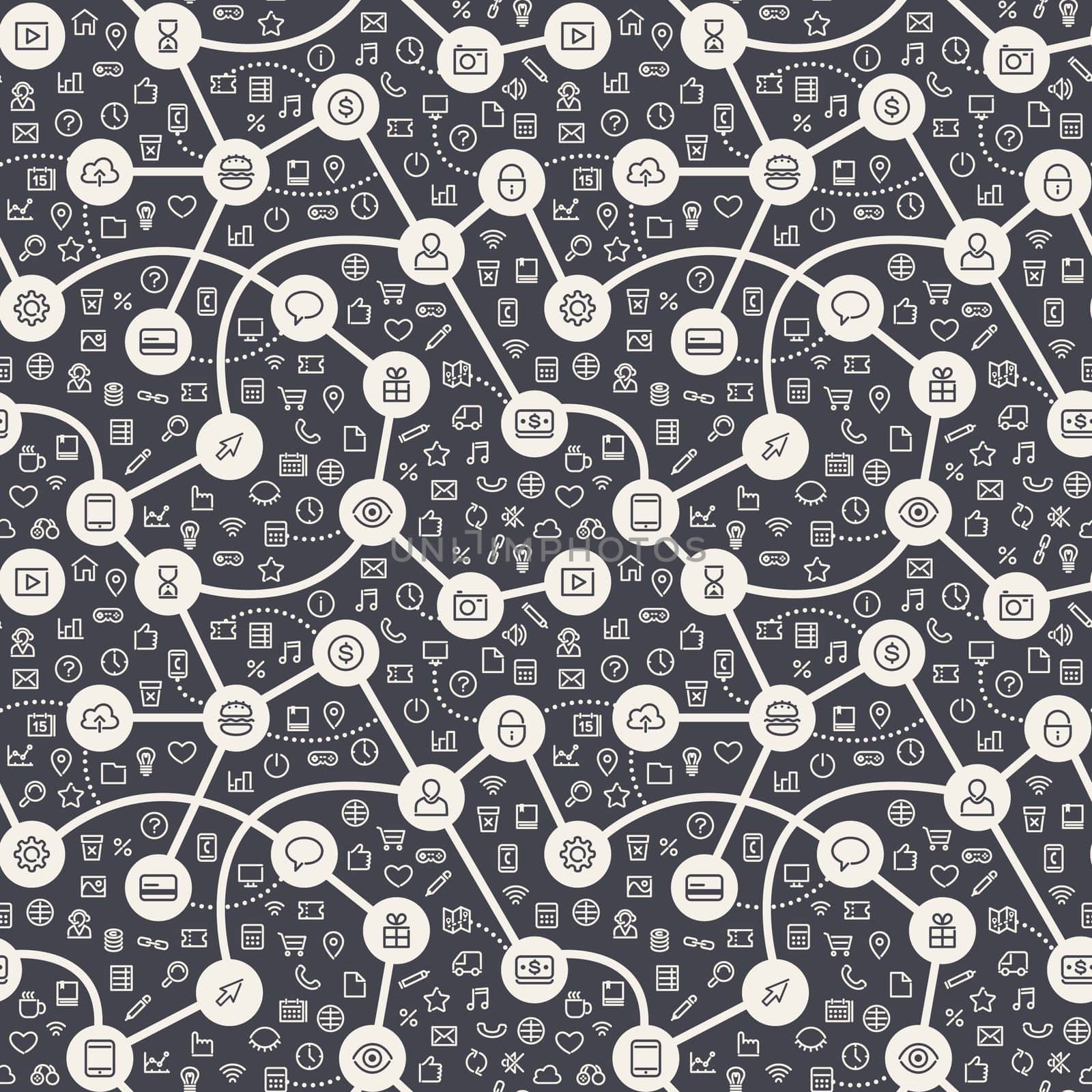 Contrasty Dark Seamless Pattern with Web Icons. Editable pattern in swatches. Clipping paths included in additional jpg format.