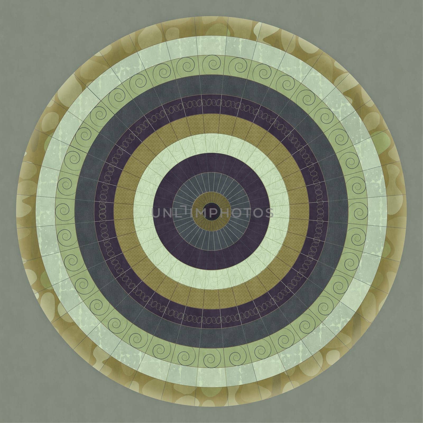 Green and purple illustrated circular pattern with subtle texture.