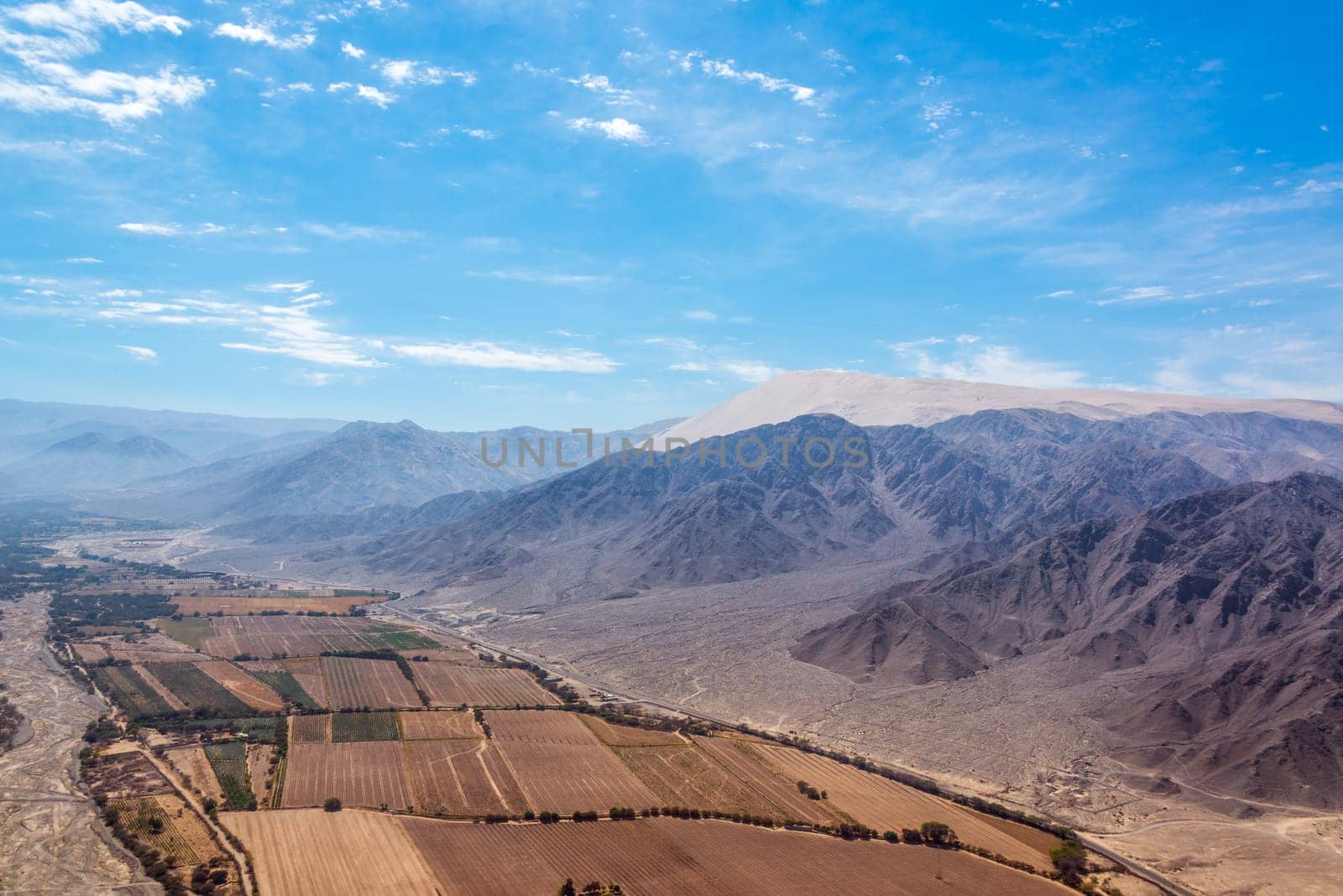 Aerial landscape around Nazca, Peru.  The largest sand dune in the world is visible in the background