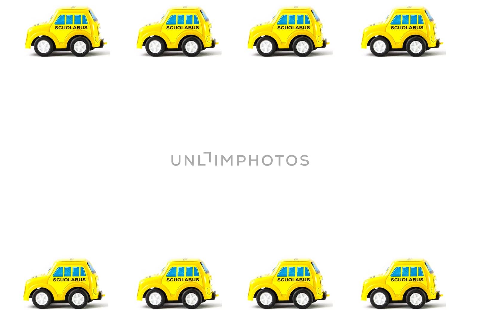 Frame of Schoolbus Toy car, white background.