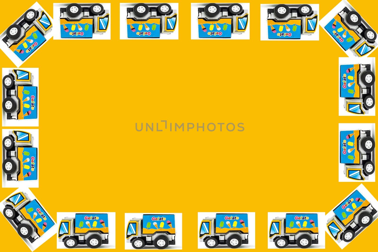 Frame of Toy cars. Ice Cream Toy Truck, orange background