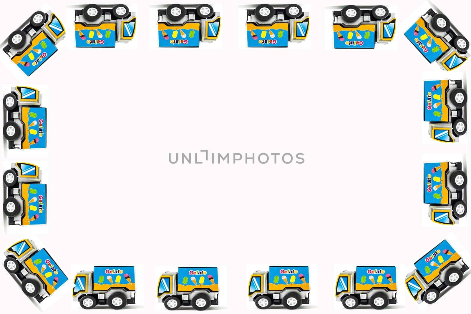 Frame of Toy cars. Ice Cream Toy Truck, white background