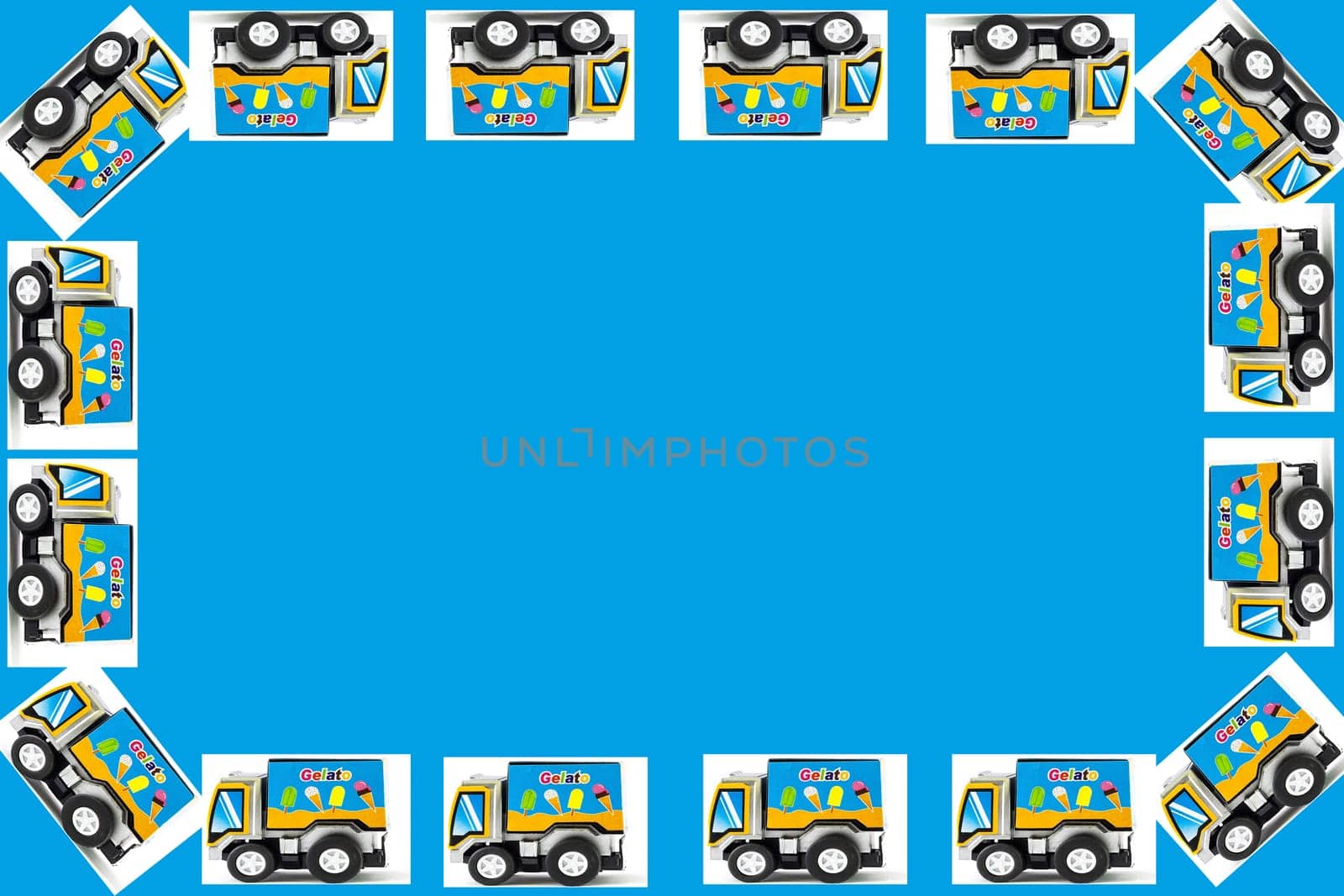 Frame of Toy cars. Ice Cream Toy Truck, blue background