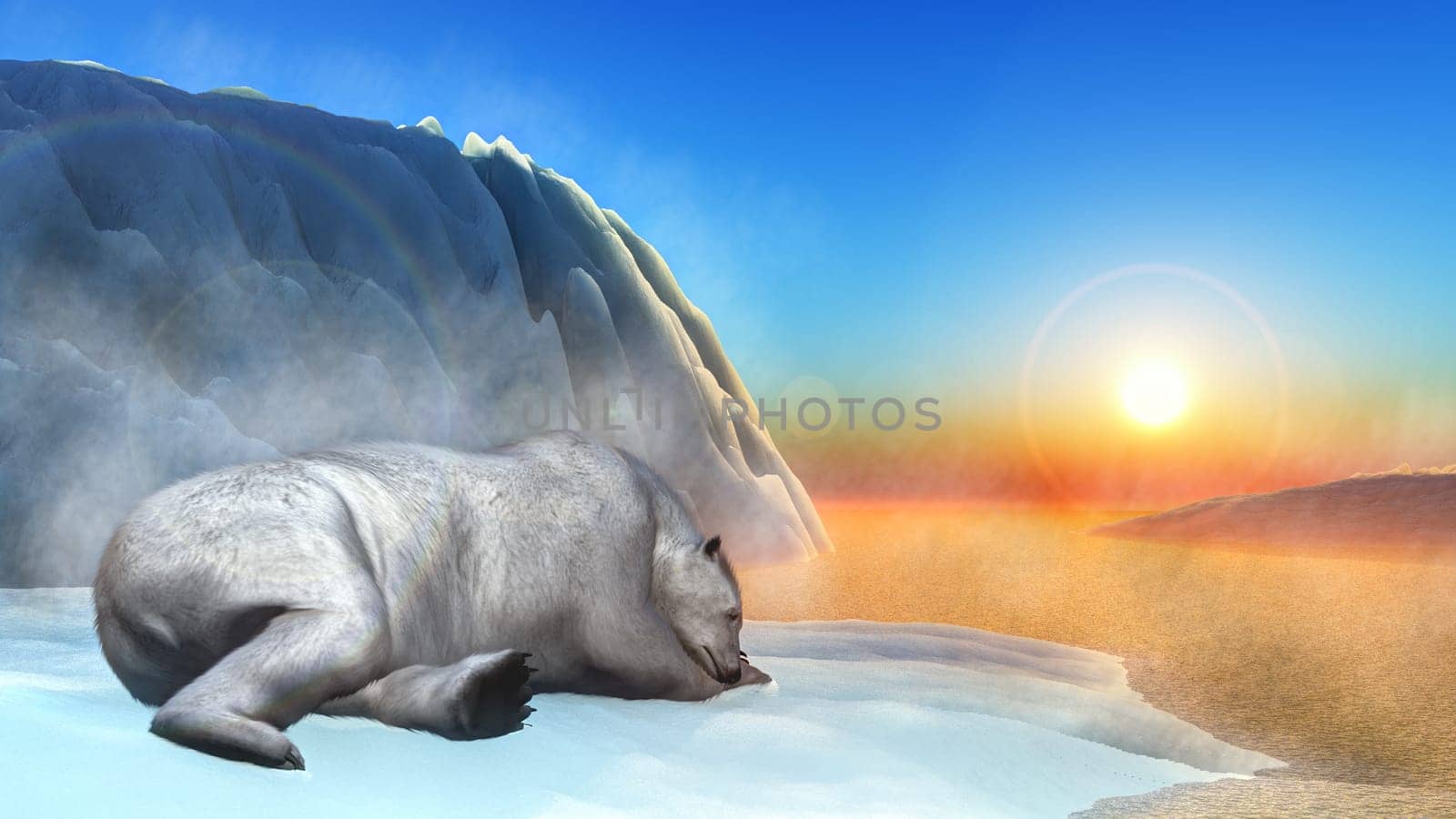 Polar bear sleeping upon an iceberg by sunset - 3D render