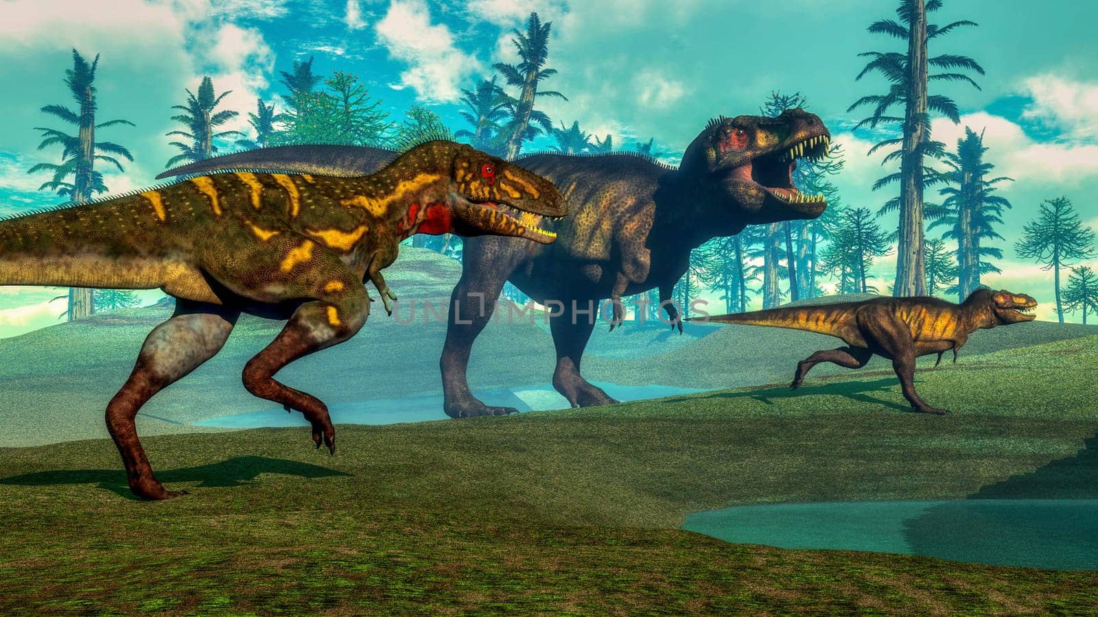 Nanotyrannus hunting small tyrannosaurus next to its parent, araucaria and tempskya trees - 3D render